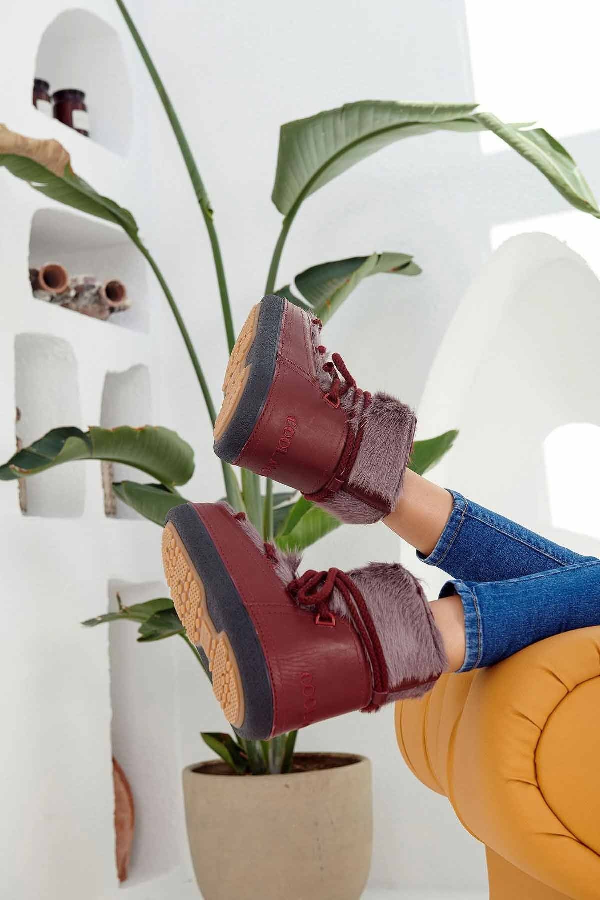 Hakiki Kürklü Kadın Kar Botu 251316 Bordo