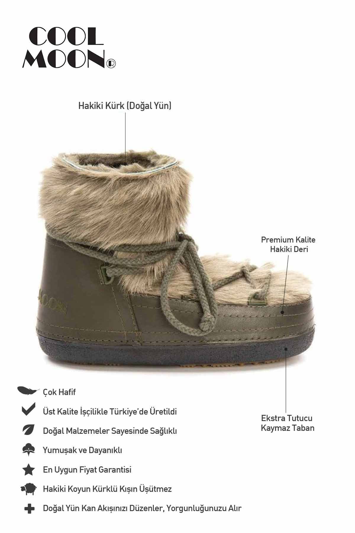 Hakiki Kürklü Kadın Kar Botu 251316 Haki