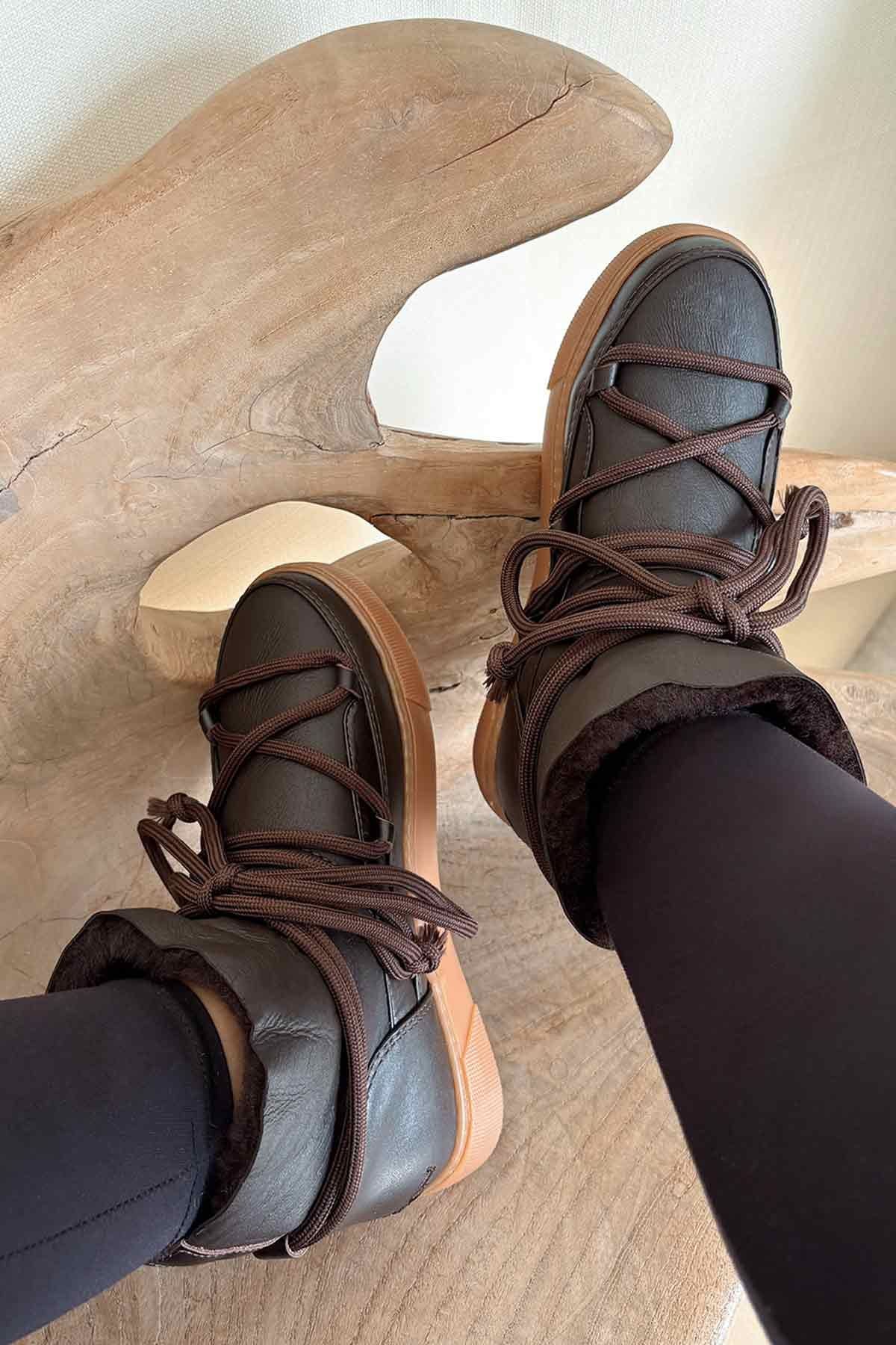 Hakiki Kürklü Kadın Sneaker 355077 Kahve