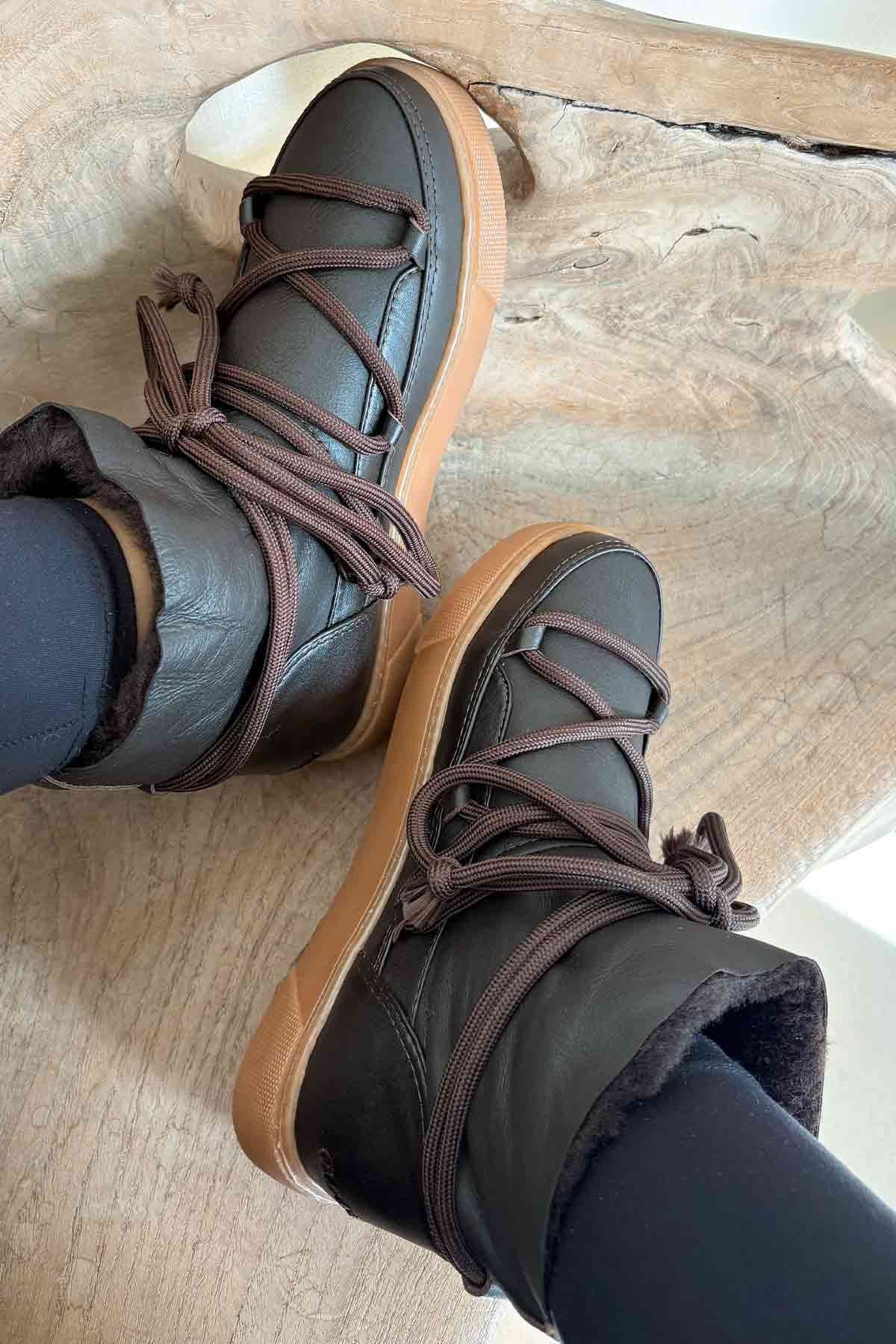 Hakiki Kürklü Kadın Sneaker 355077 Kahve