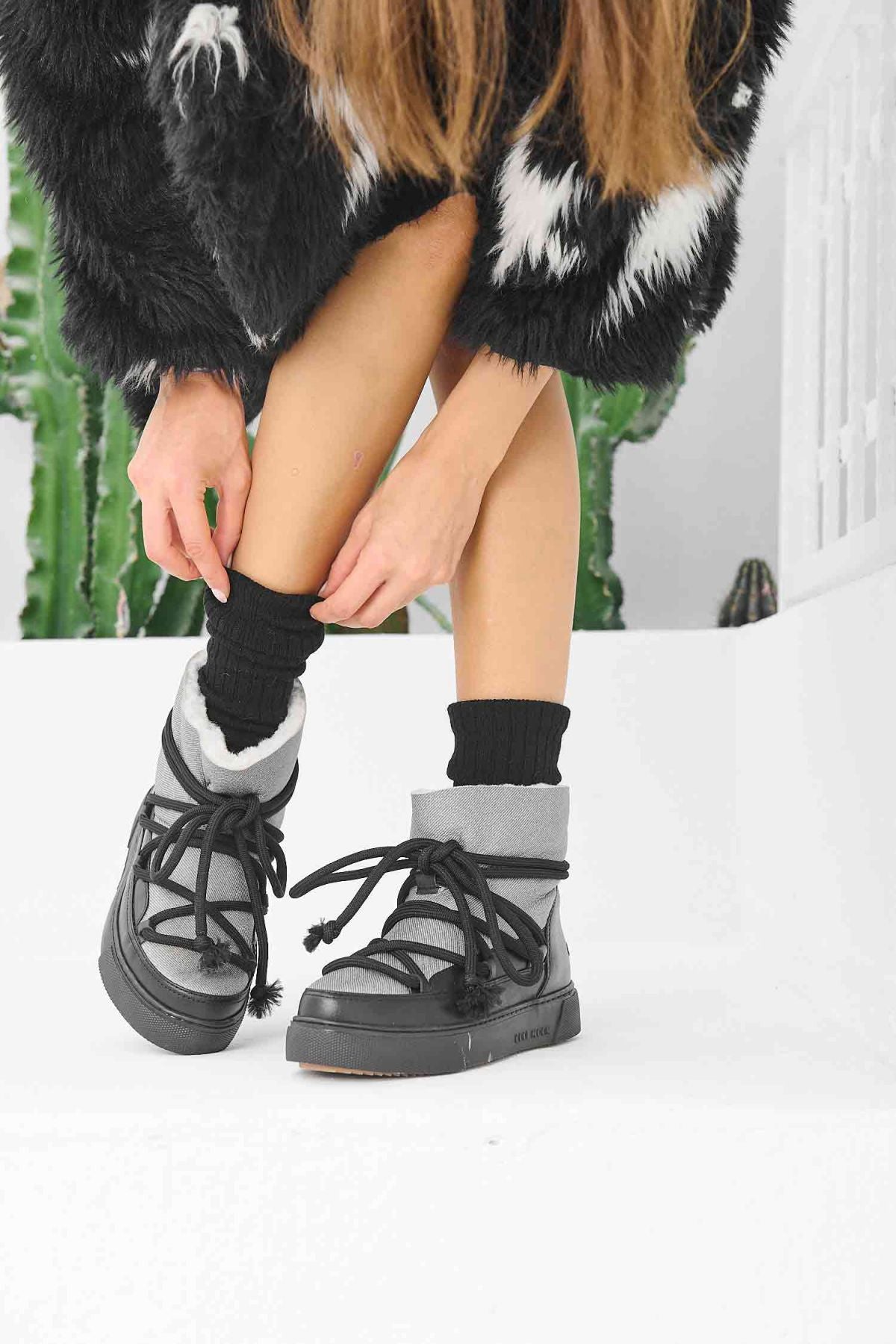 Hakiki Kürklü Kadın Sneaker 355083 Siyah