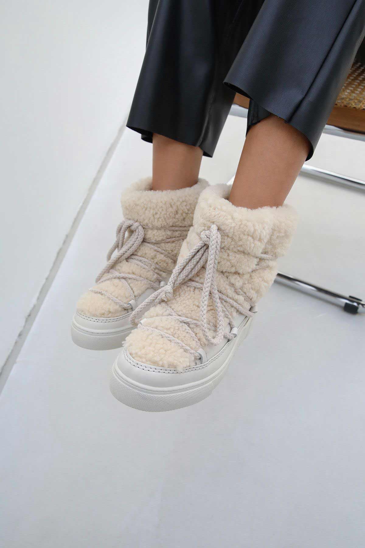 Hakiki Kürklü Kadın Sneakers 355067 Bej