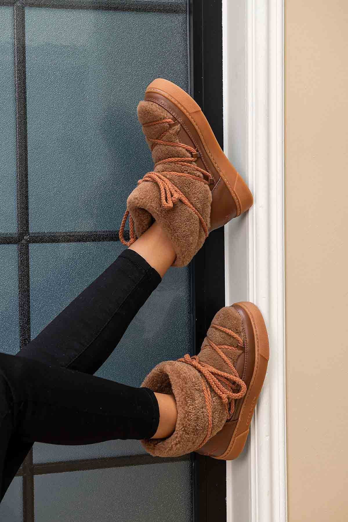 Hakiki Kürklü Kadın Sneakers 355067 Taba