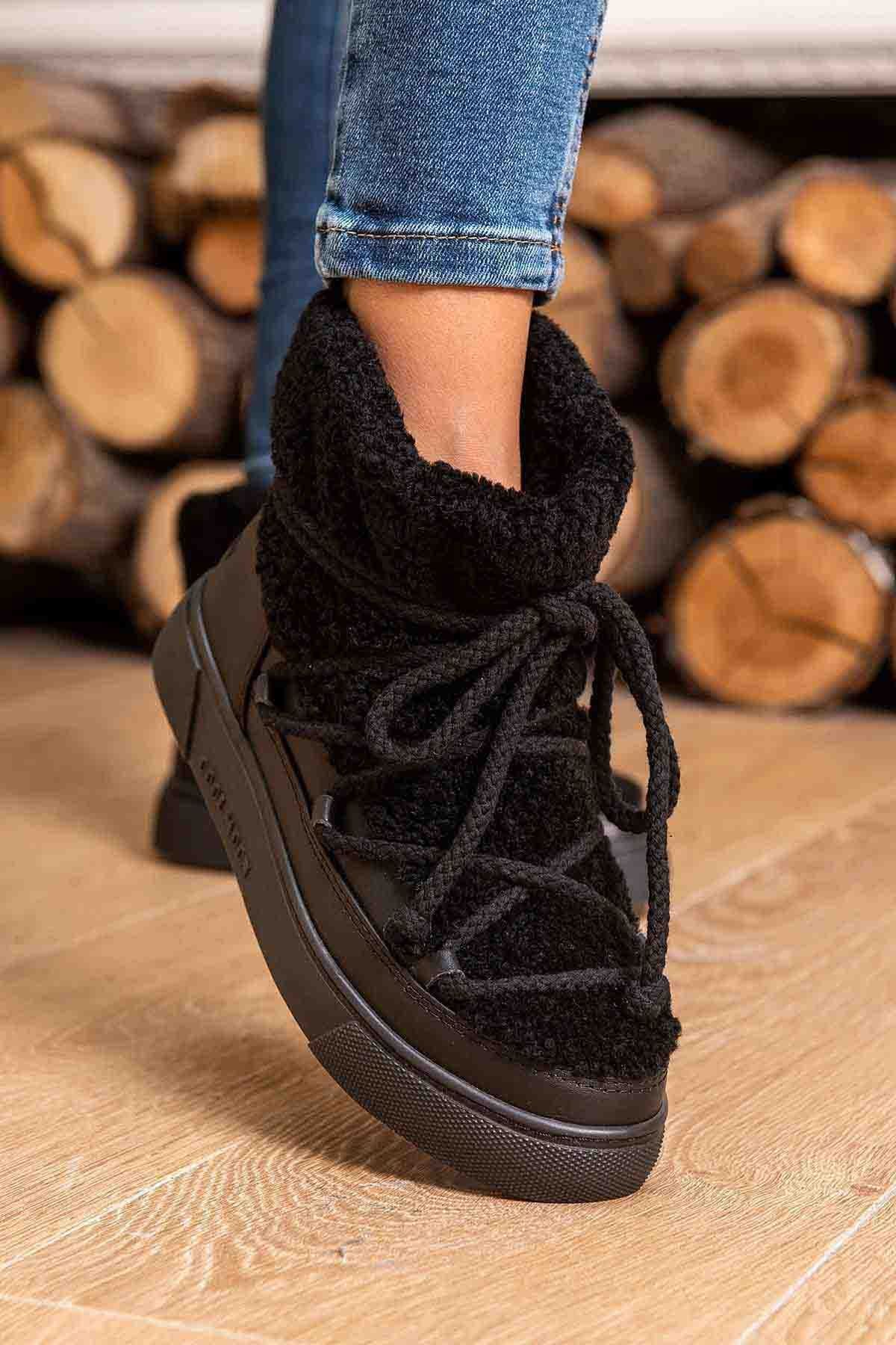 Hakiki Kürklü Kadın Sneakers 355067 Siyah