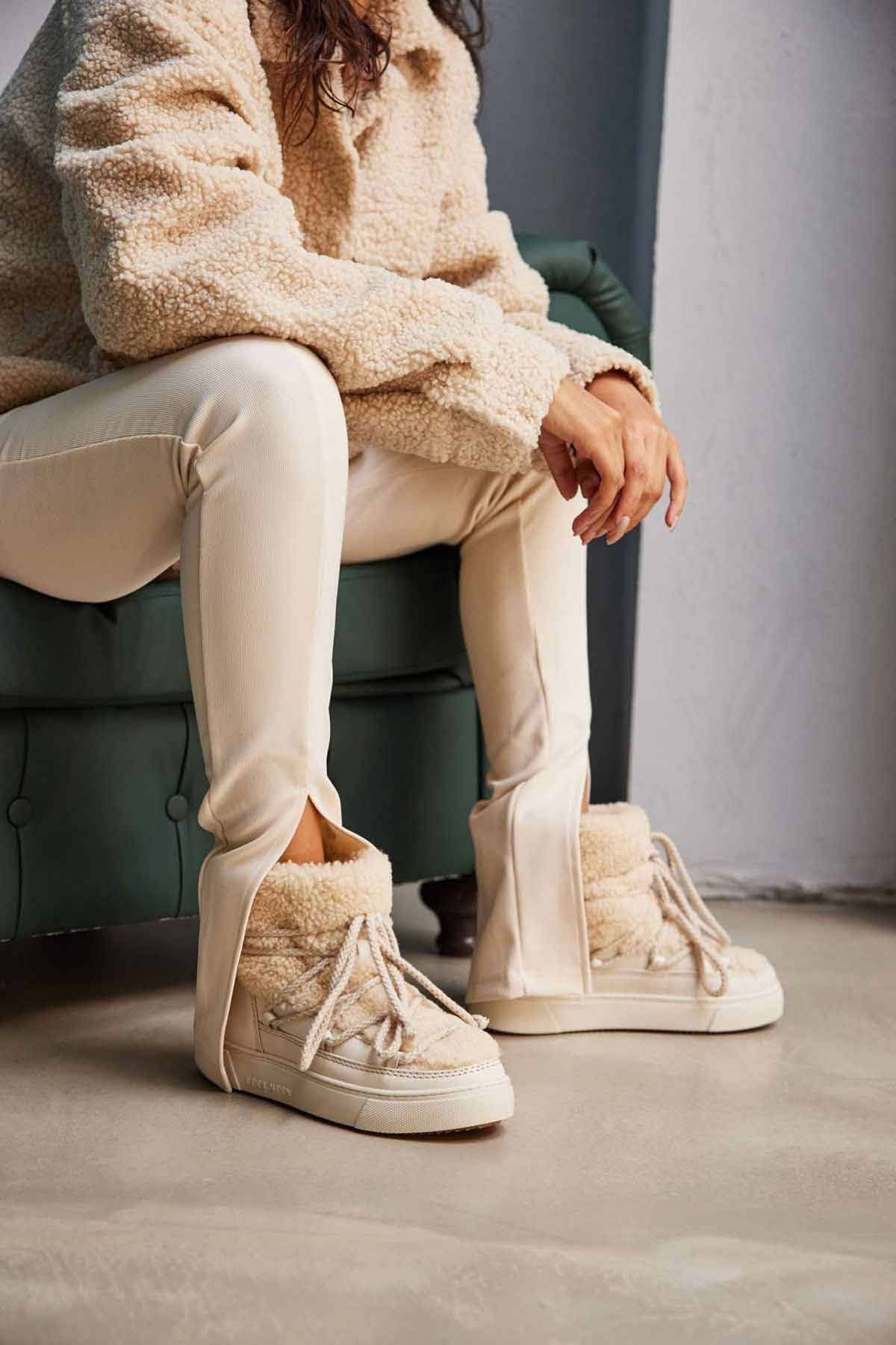 Hakiki Kürklü Kadın Sneakers 355067 Bej