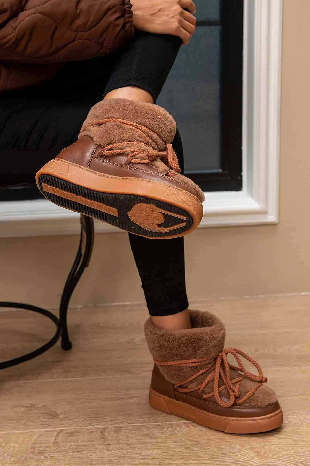 Hakiki Kürklü Kadın Sneakers 355067 Taba