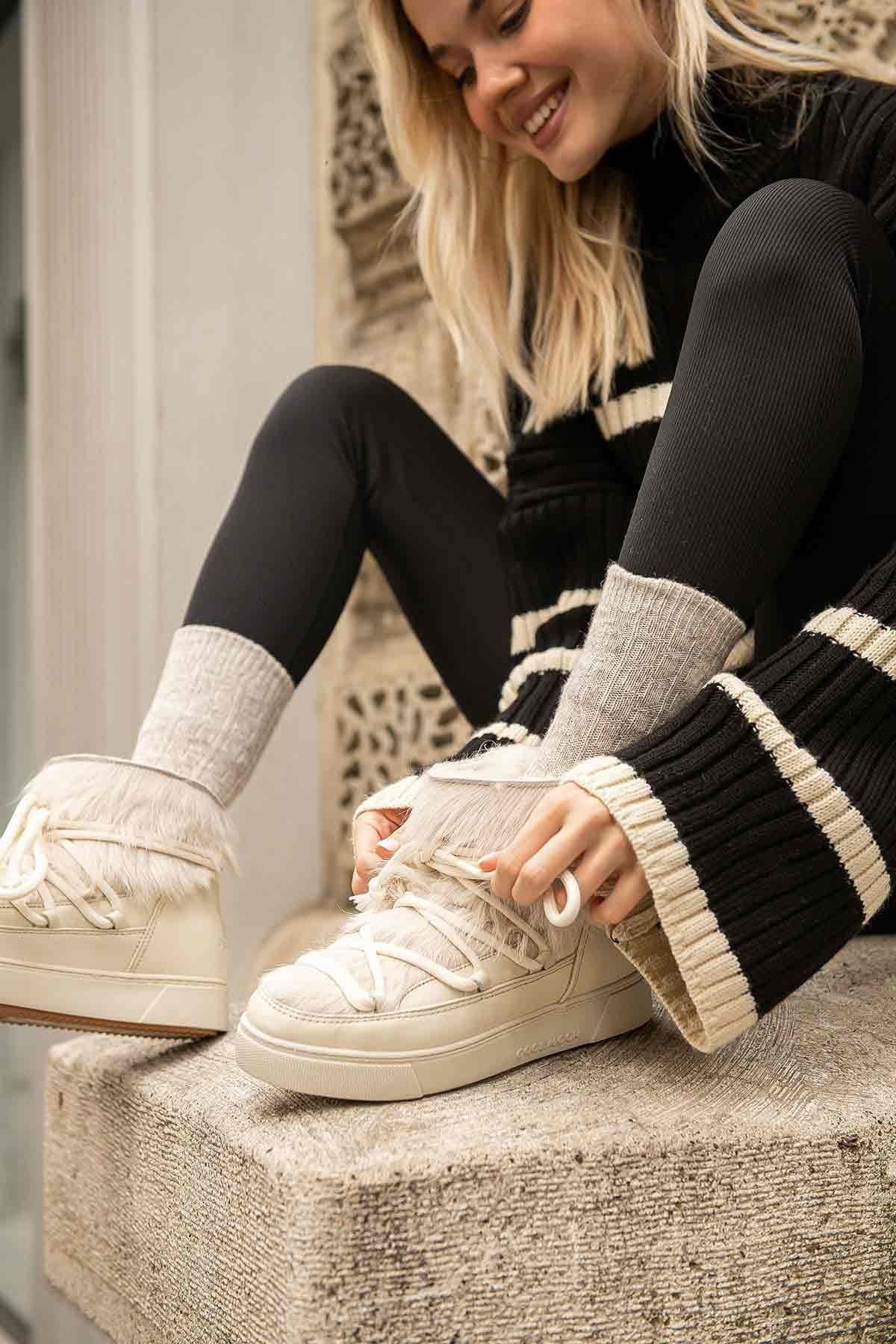 Kürklü Bayan Sneaker Bot 355081 Bej
