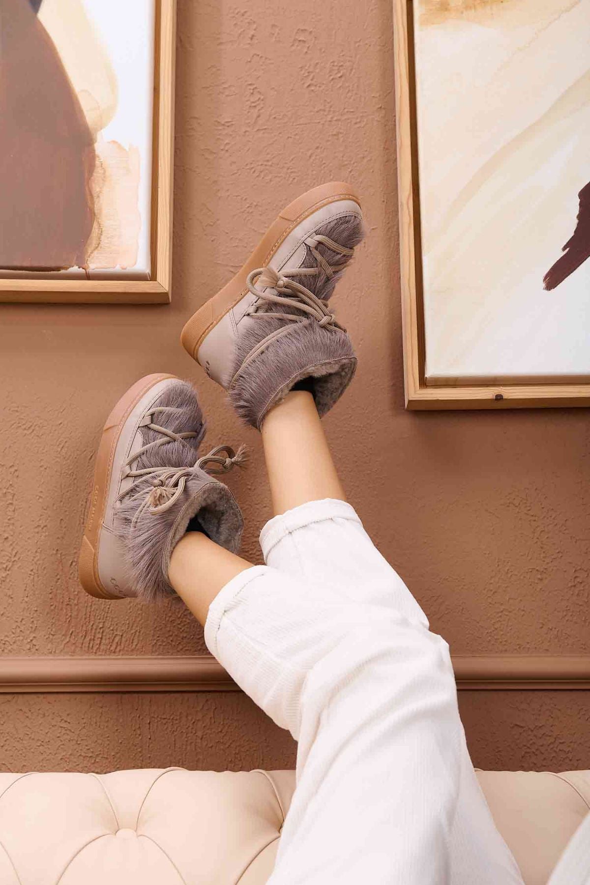 Kürklü Bayan Sneaker Bot 355081 Vizon