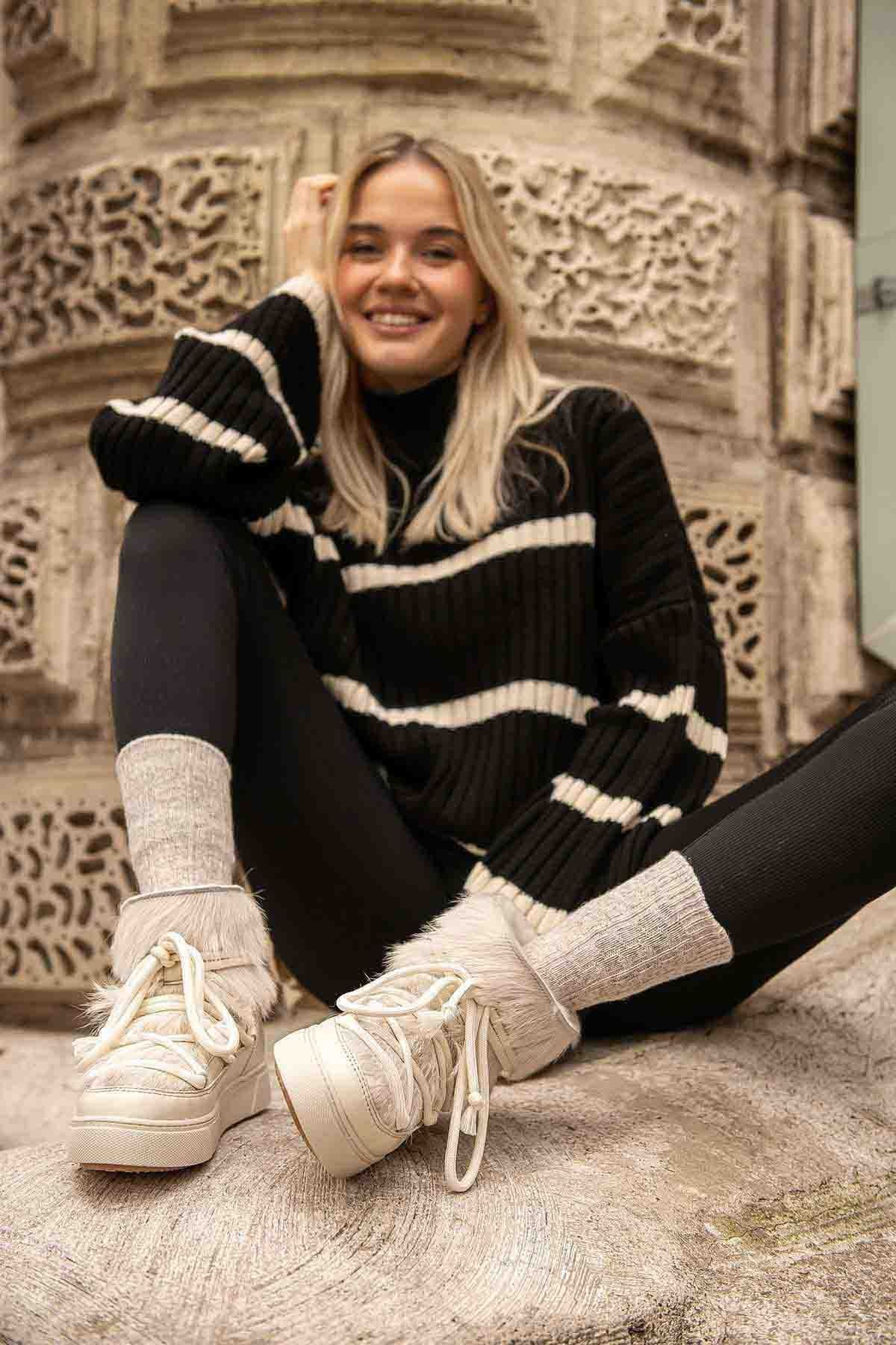 Kürklü Bayan Sneaker Bot 355081 Bej