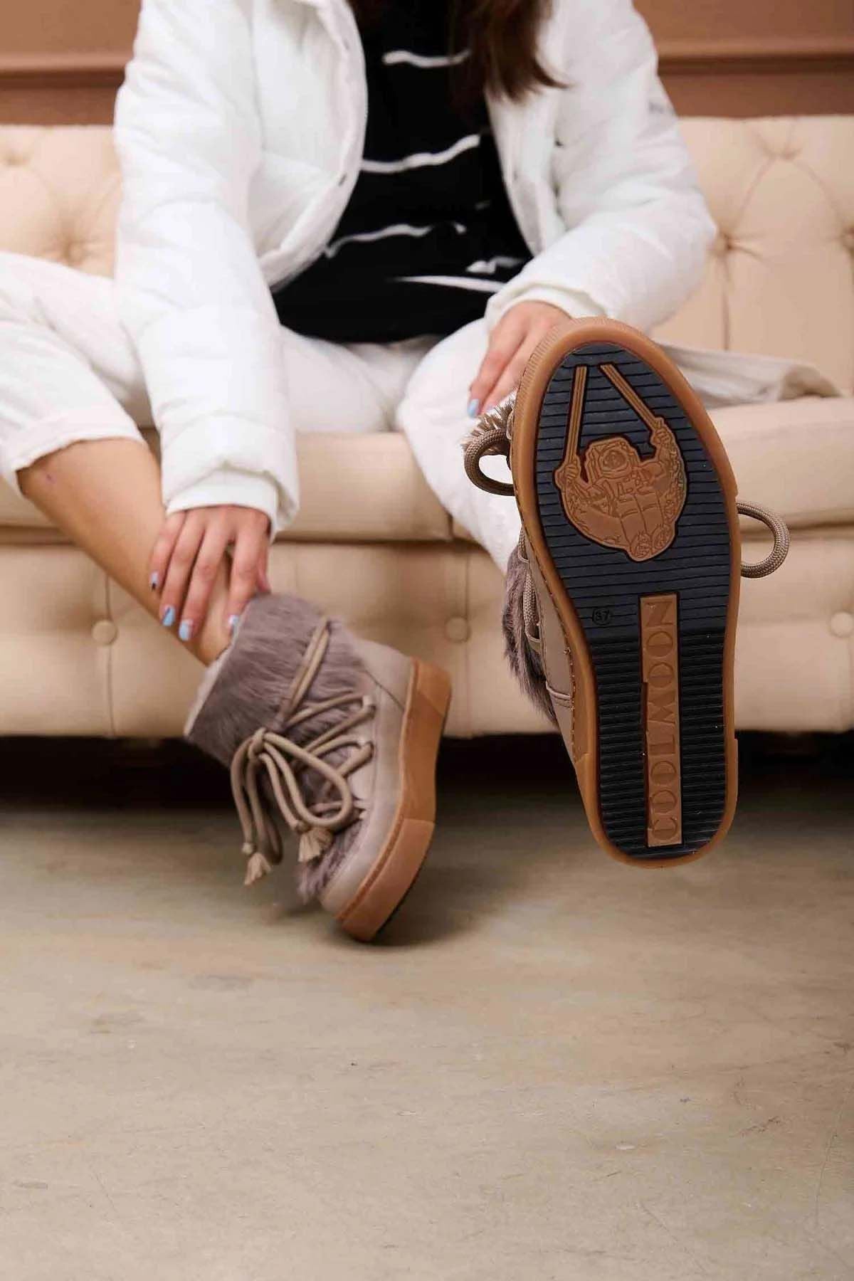 Kürklü Bayan Sneaker Bot 355081 Vizon
