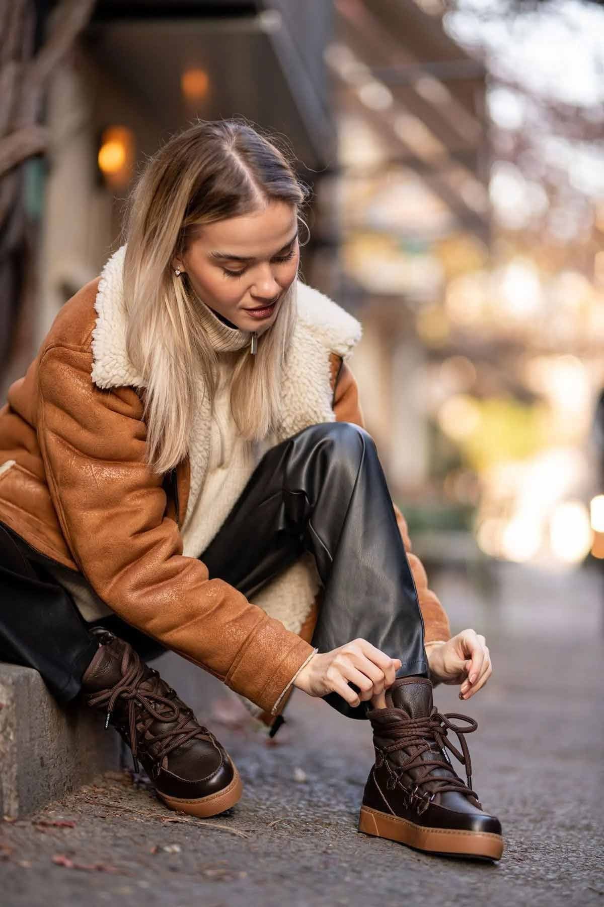 Kürklü Bayan Sneaker Bot 365050 Kahve