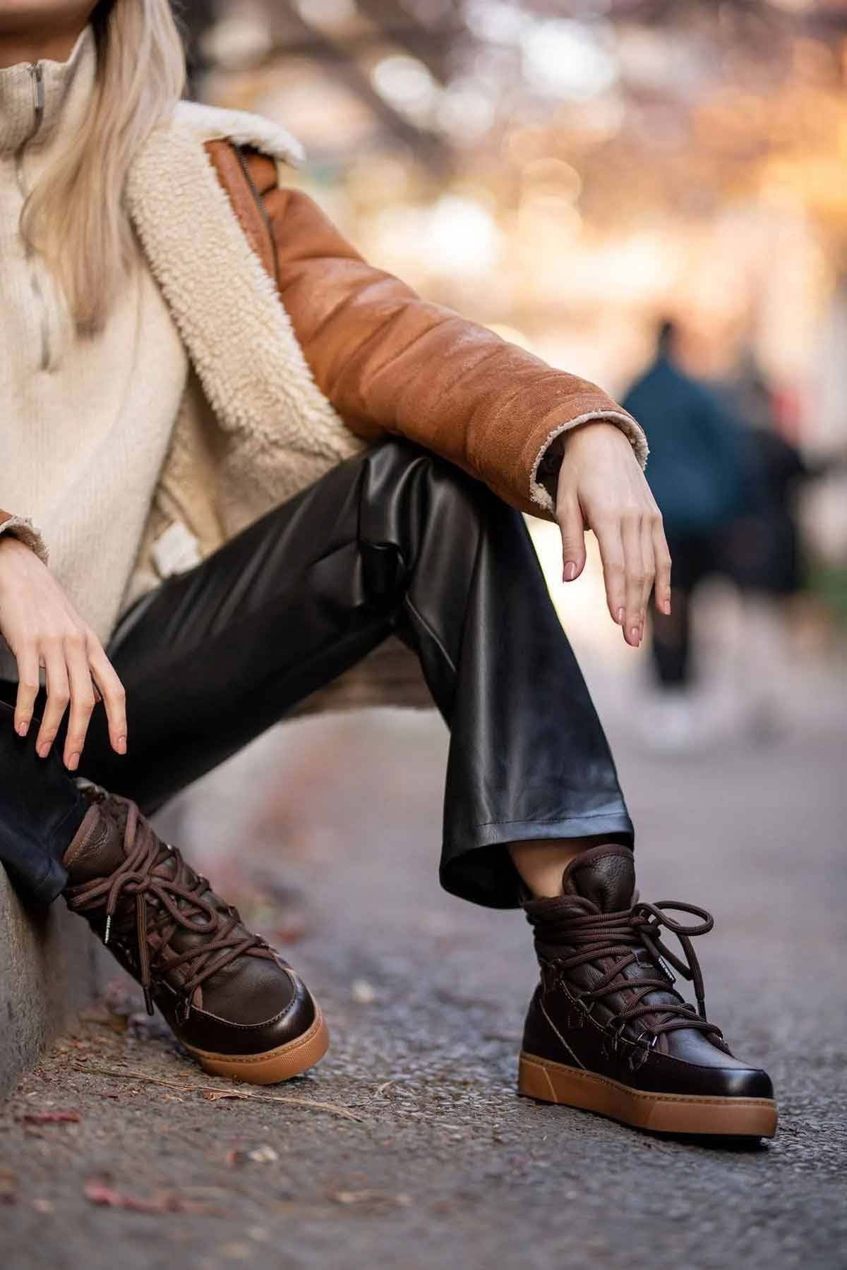 Kürklü Bayan Sneaker Bot 365050 Kahve