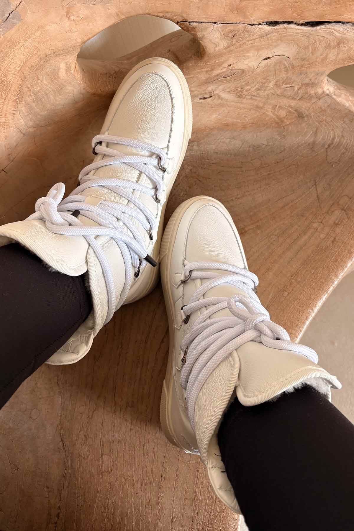 Kürklü Bayan Sneaker Bot 365050 Beyaz