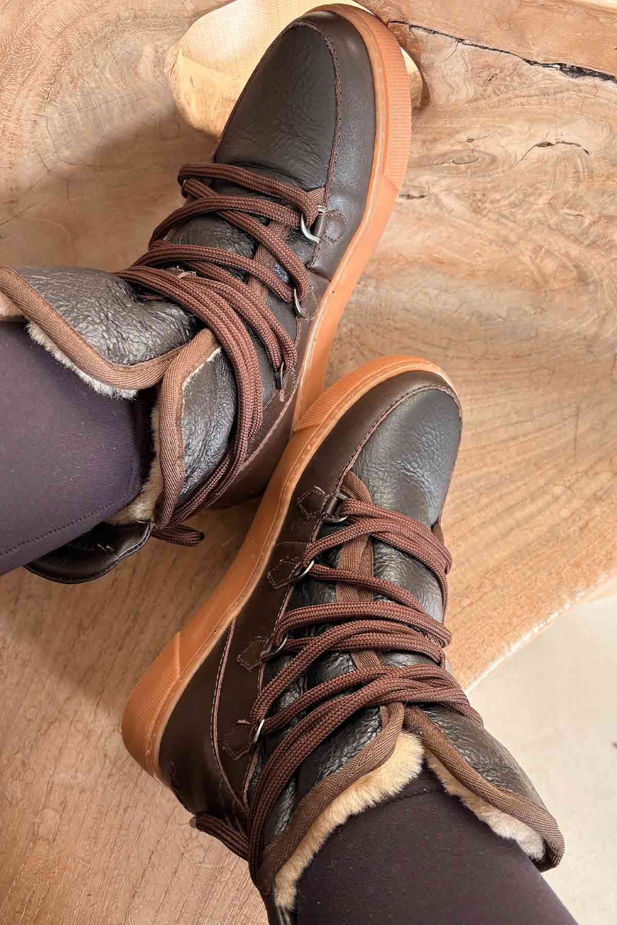Kürklü Bayan Sneaker Bot 365051 Kahve