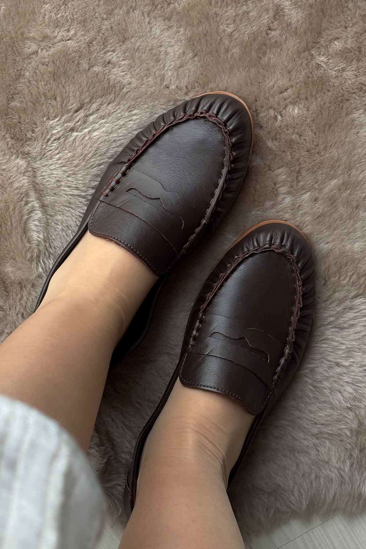 Deri Dikiş Detaylı Loafer DG6108 Kahve