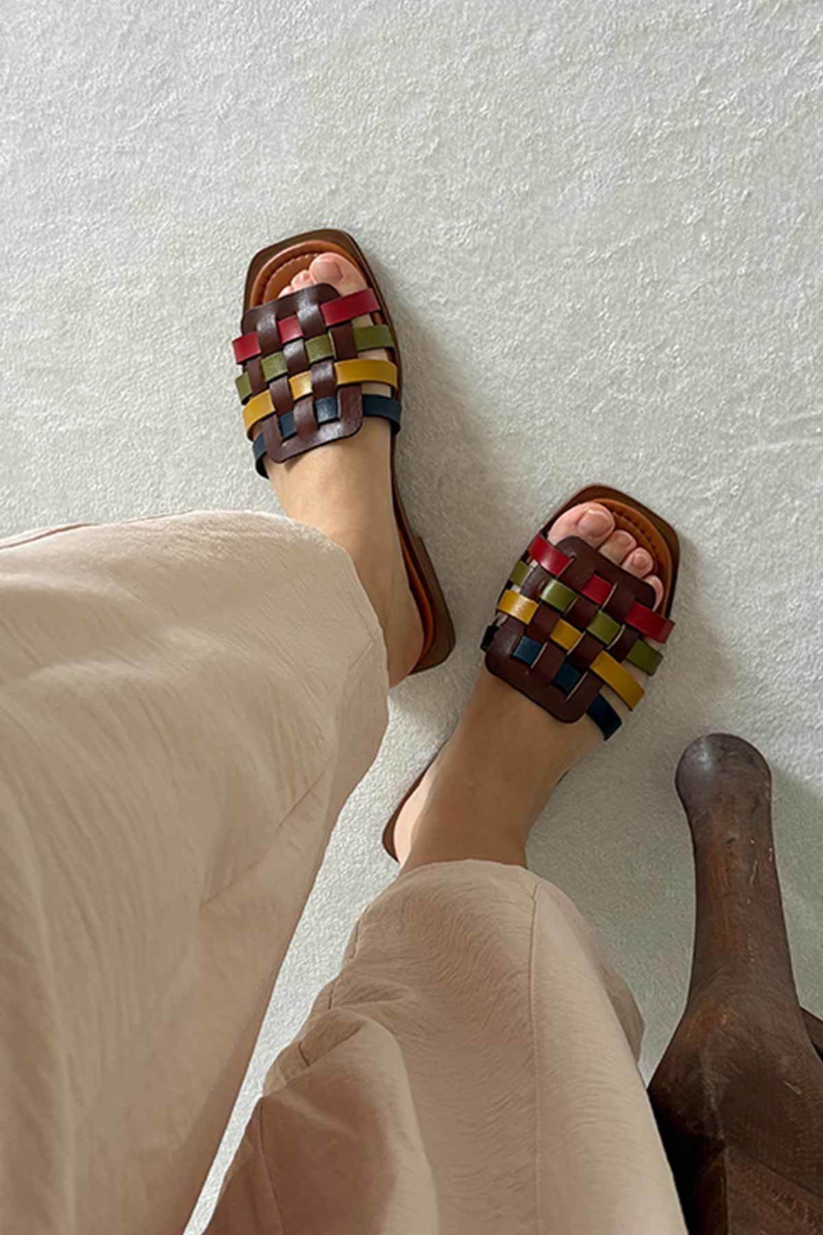 Deri Örgülü Kadın Terlik DG6088 Multicolour