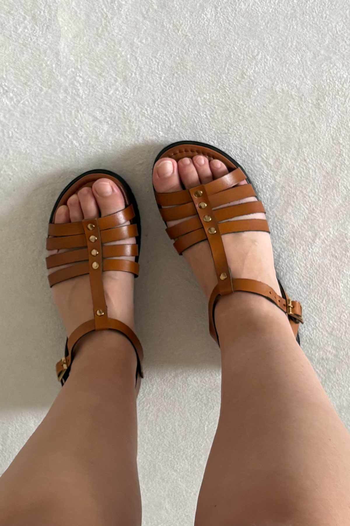 Deri Tokalı Kadın Sandalet DG6091 Taba