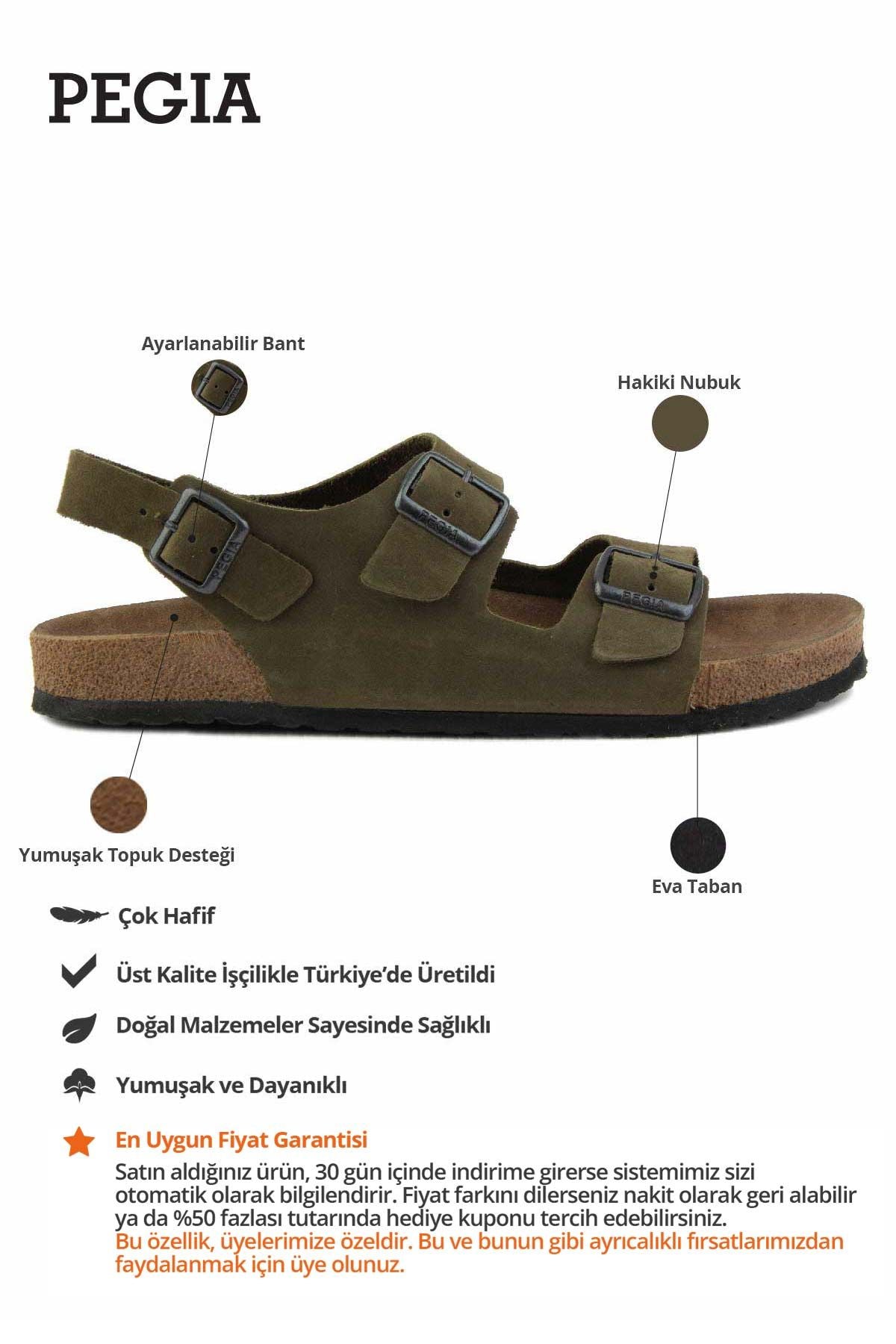 Erkek Bantlı Deri Sandalet 215024 Haki