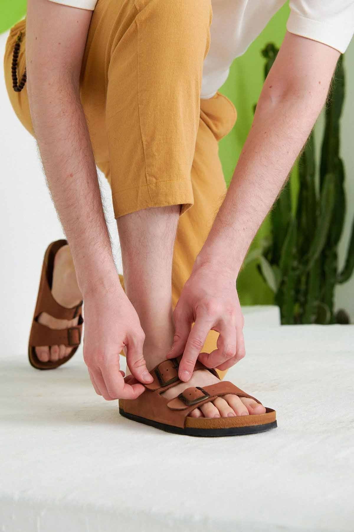 Erkek Bantlı Deri Terlik 215020 Taba