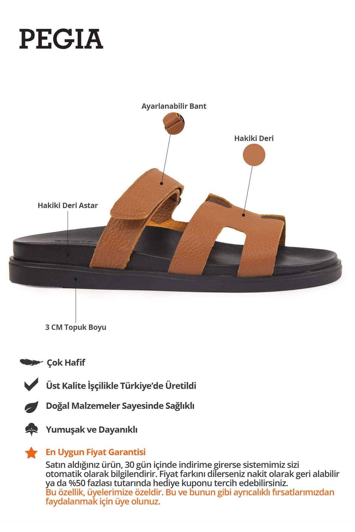 Erkek Bantlı Floater Deri Terlik 215028 Taba