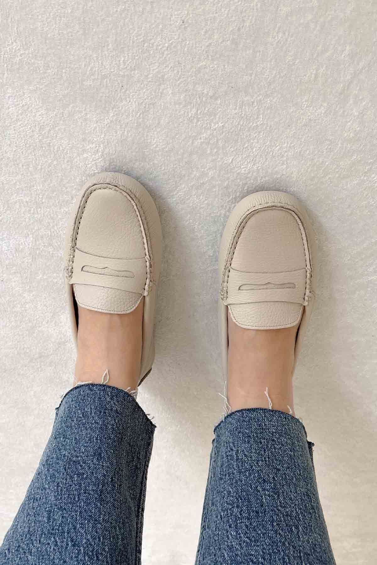 Hakiki Deri Kadın Loafer Ayakkabı 700901 Bej