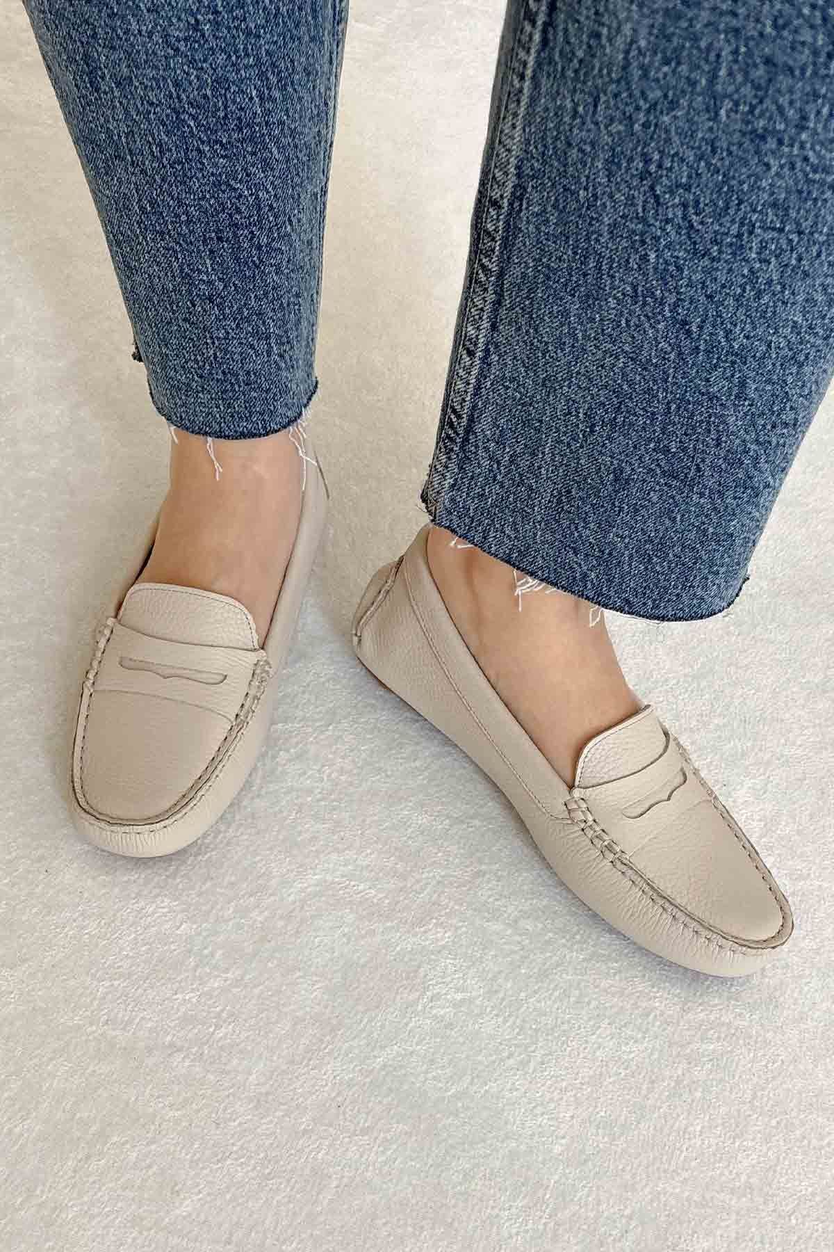 Hakiki Deri Kadın Loafer Ayakkabı 700901 Bej