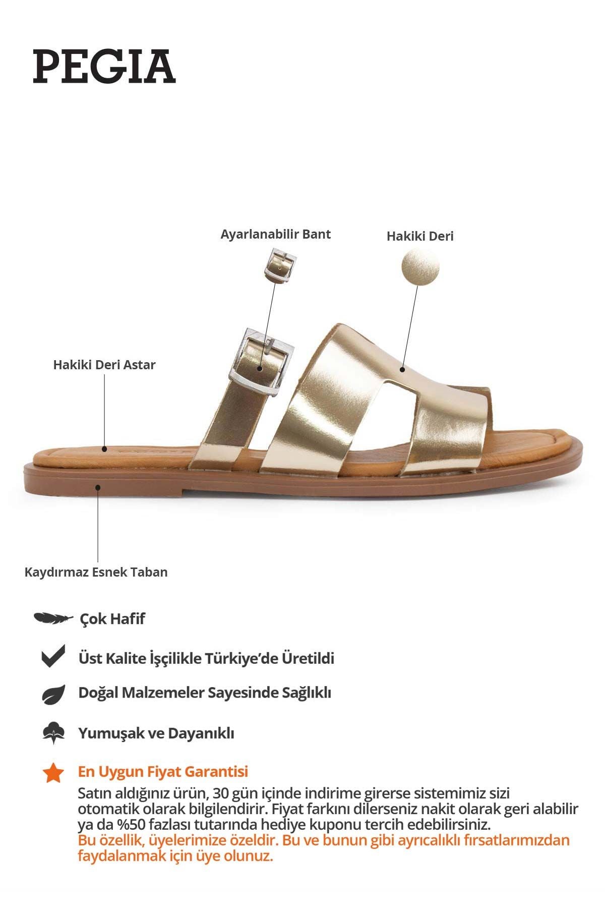 Hakiki Deri Kadın Terlik DG6056 Altın