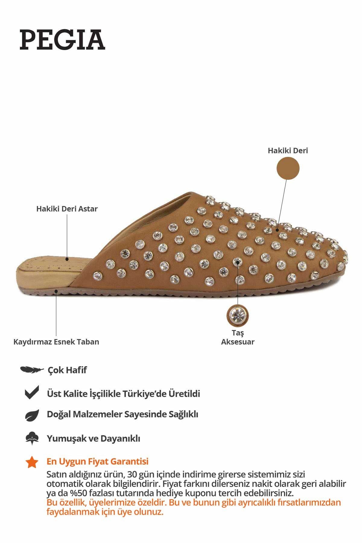 Hakiki Deri Taşlı Terlik 700956 Taba