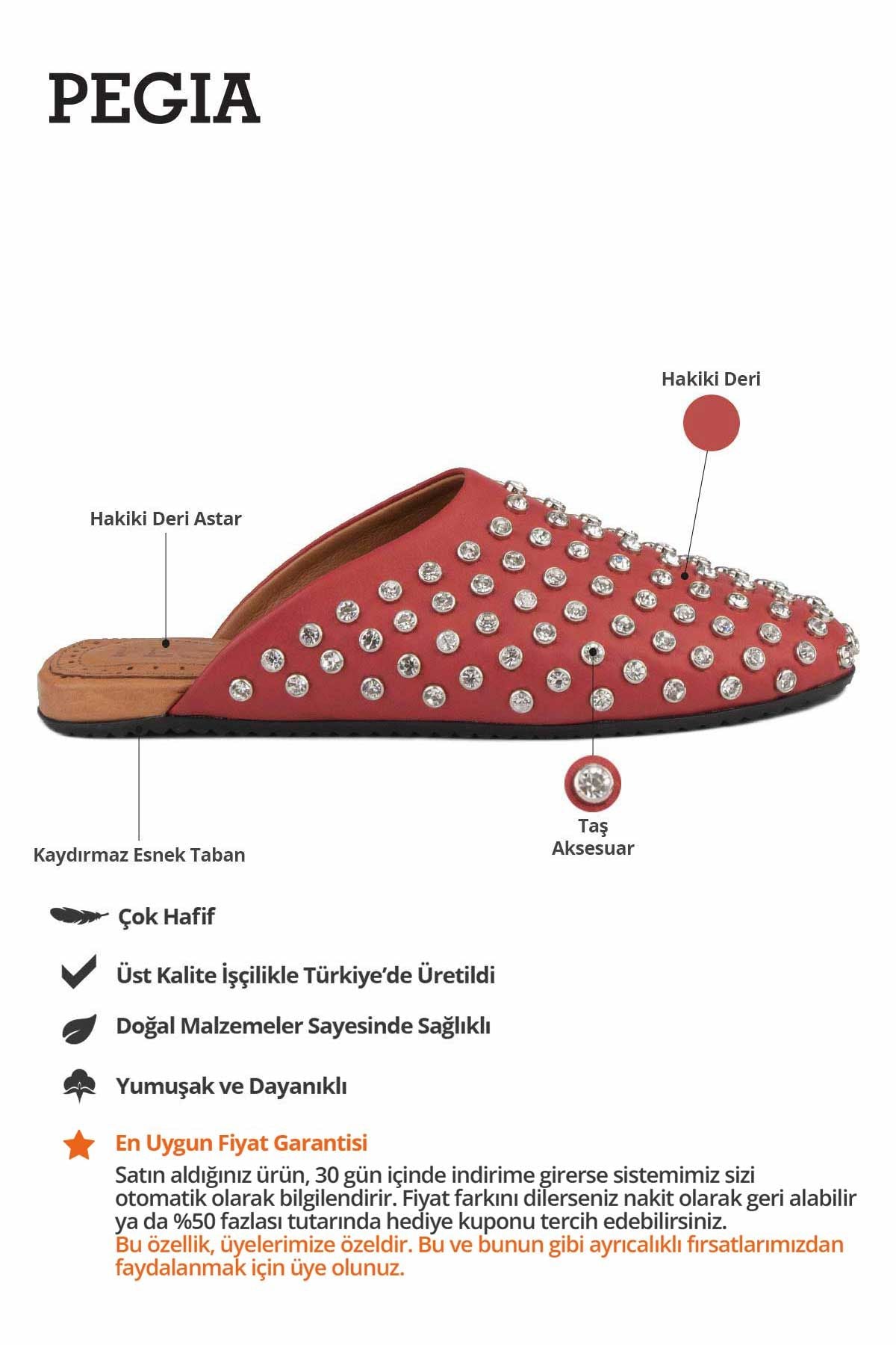 Hakiki Deri Taşlı Terlik 700956 Kırmızı