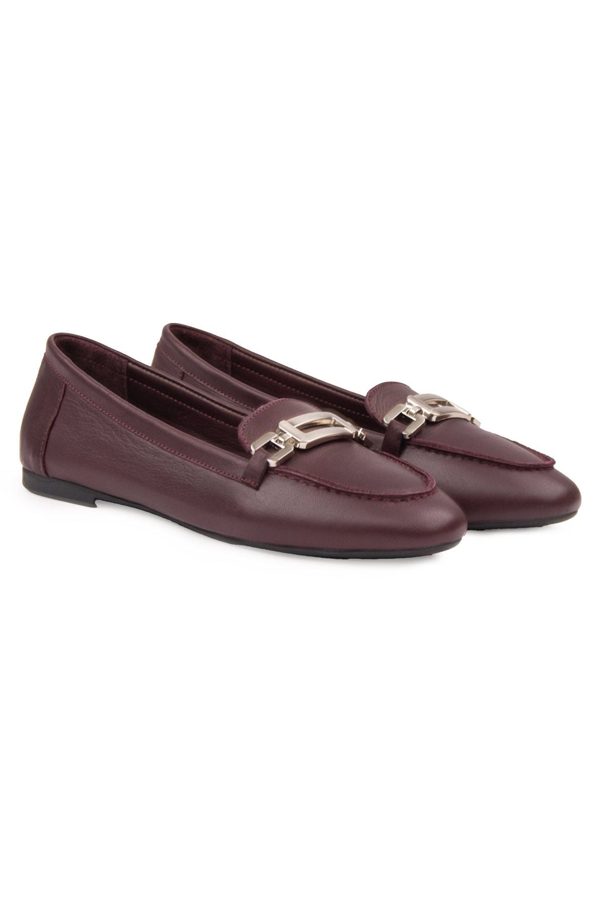 Hakiki Deri Tokalı Kadın Loafer DG6045 Bordo