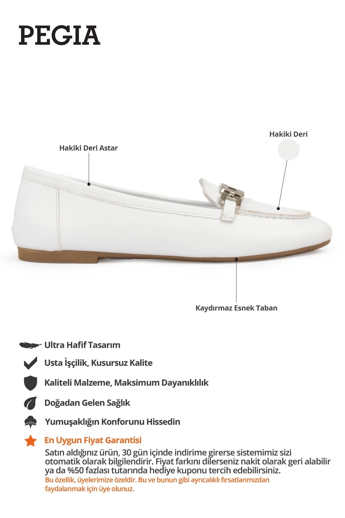 Hakiki Deri Tokalı Kadın Loafer DG6045 Beyaz