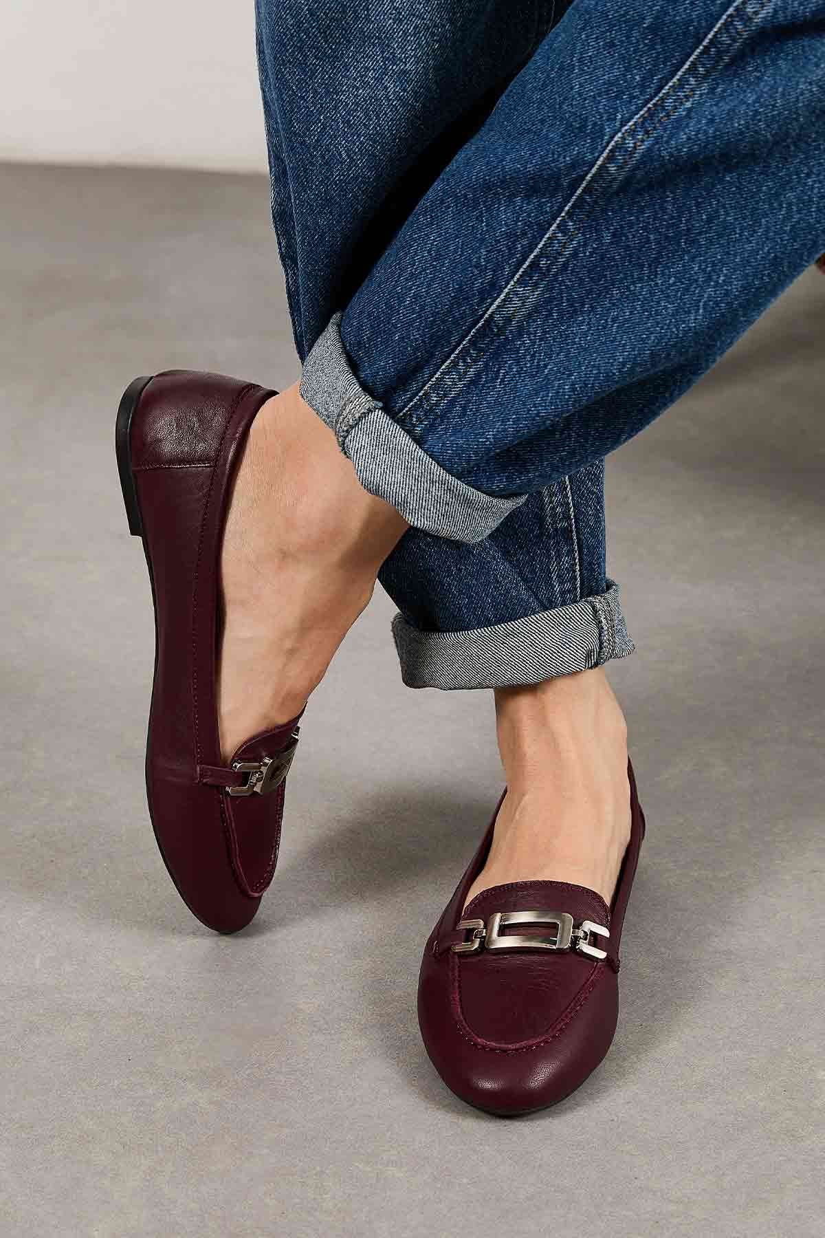 Hakiki Deri Tokalı Kadın Loafer DG6045 Bordo