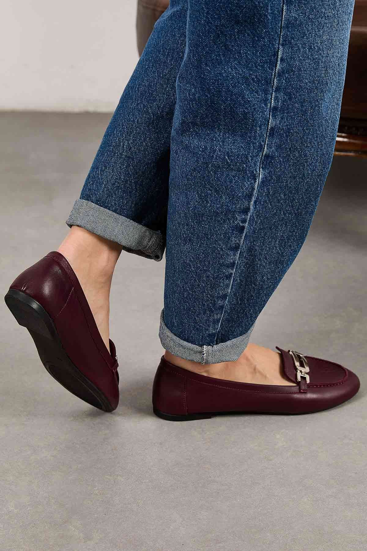 Hakiki Deri Tokalı Kadın Loafer DG6045 Bordo