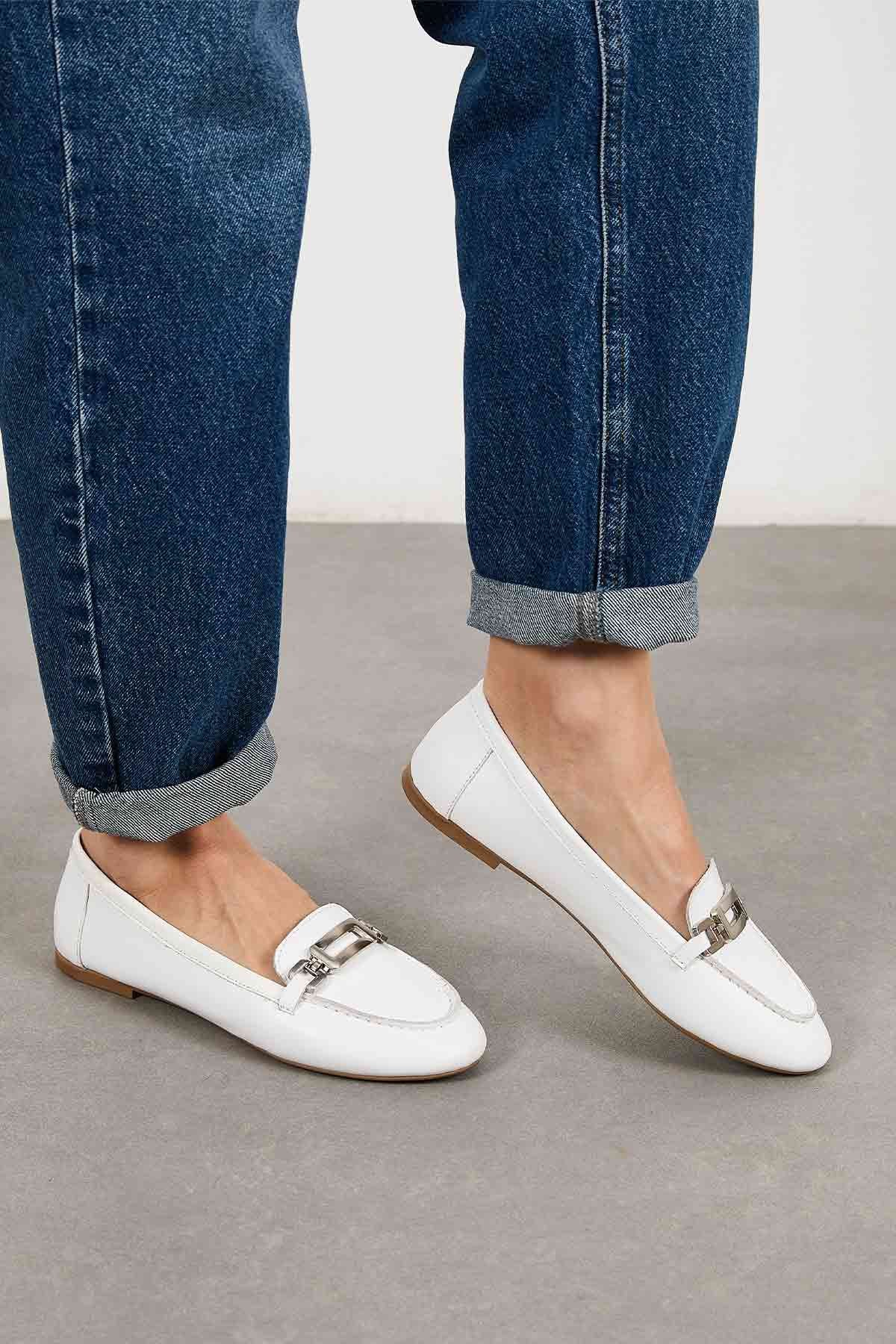 Hakiki Deri Tokalı Kadın Loafer DG6045 Beyaz