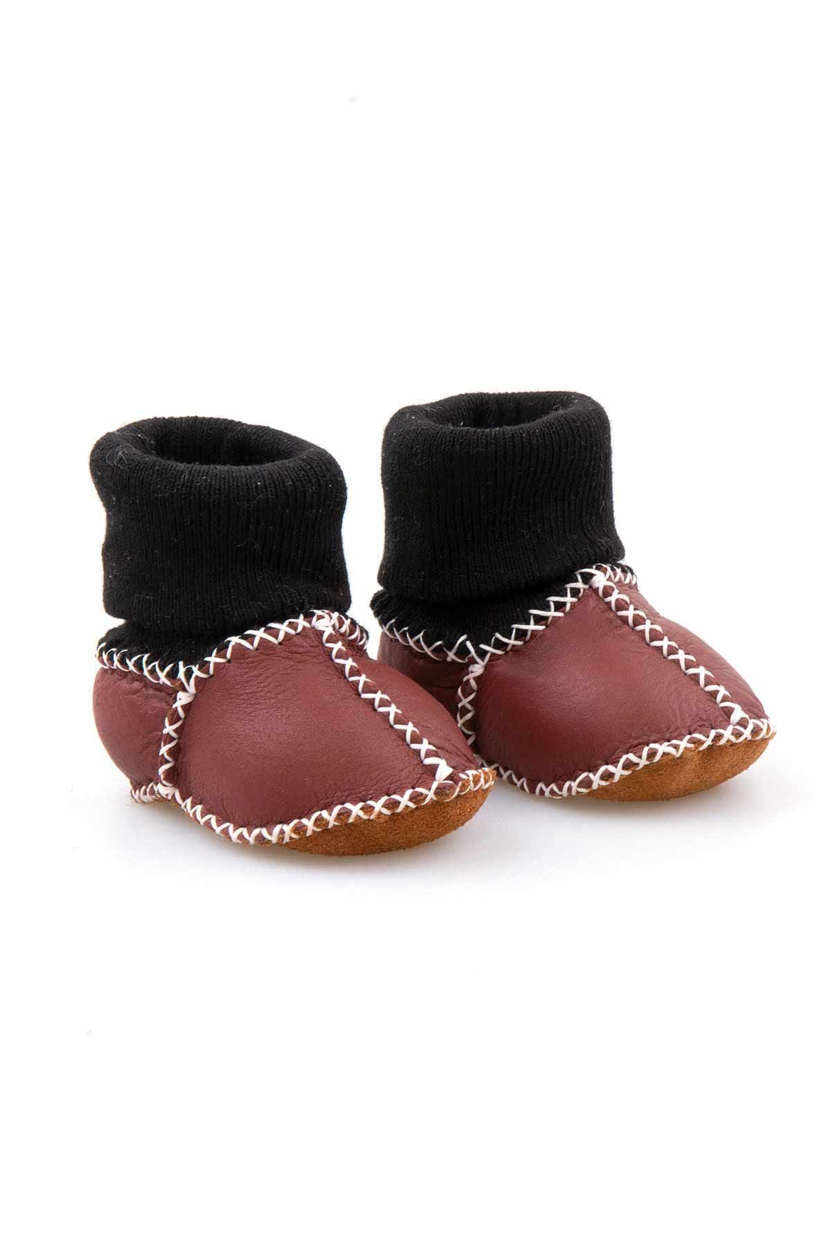 Hakiki Kürklü Çoraplı Bebek Patiği 141112 Bordo