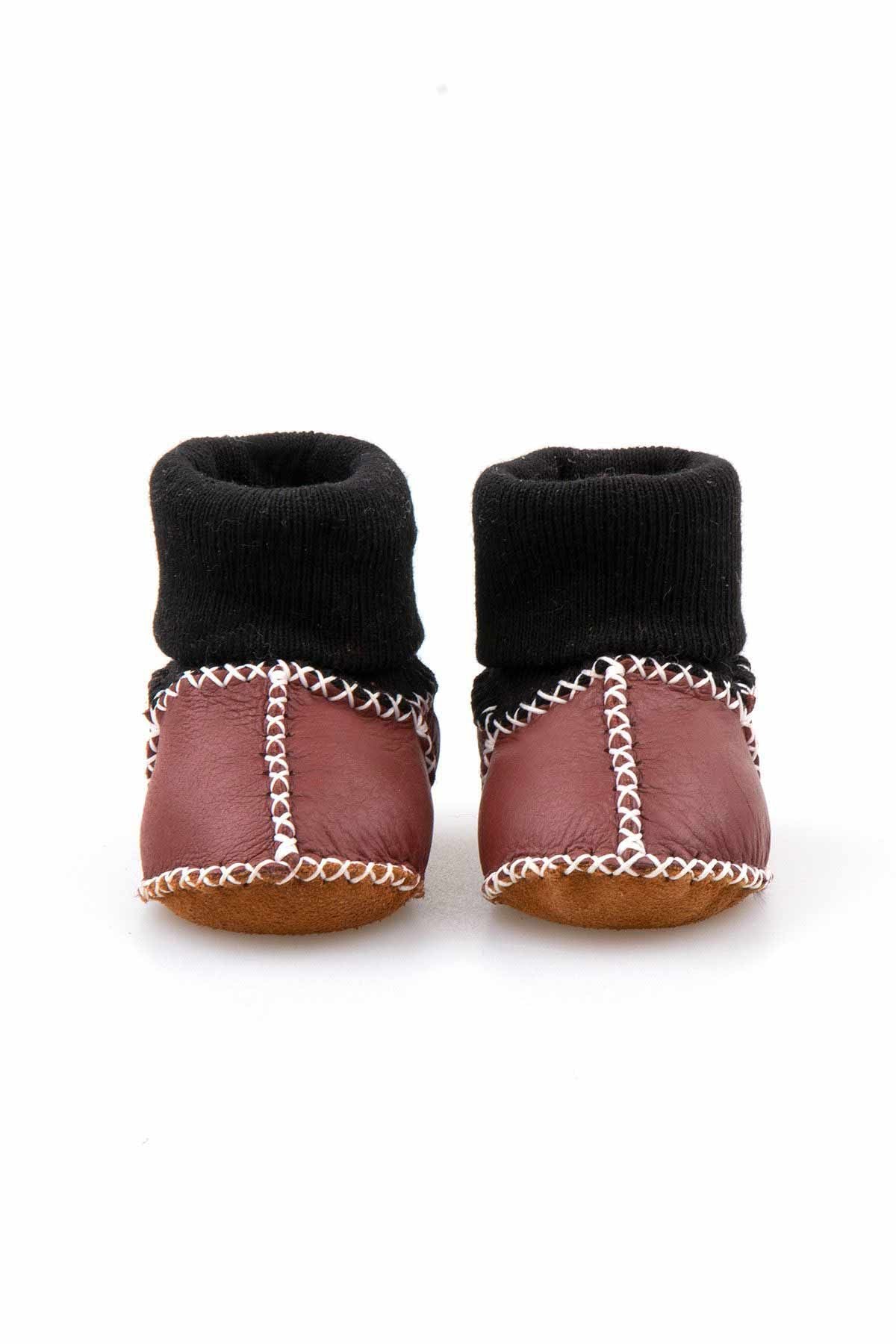 Hakiki Kürklü Çoraplı Bebek Patiği 141112 Bordo
