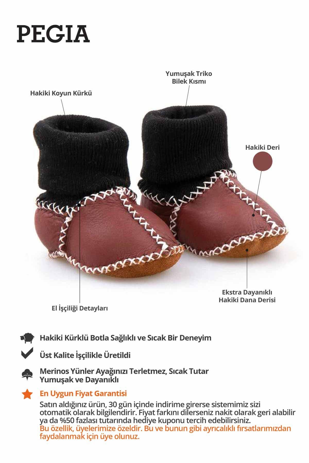 Hakiki Kürklü Çoraplı Bebek Patiği 141112 Bordo
