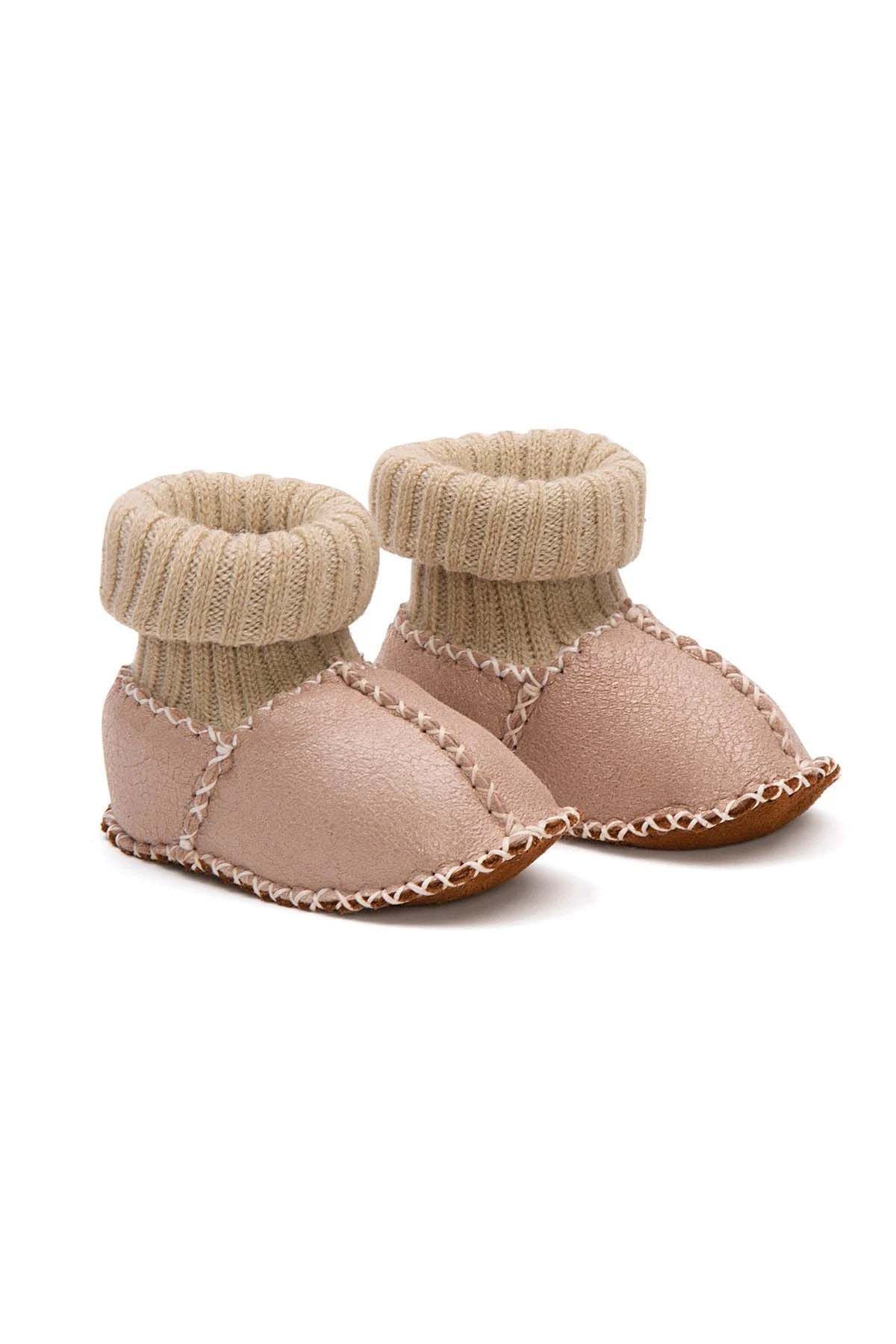 Hakiki Kürklü Çoraplı Bebek Patiği 141117 Pembe