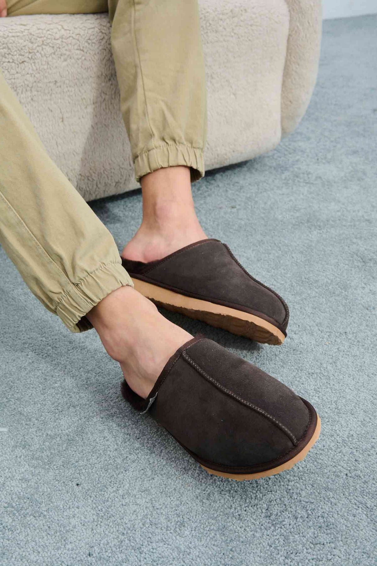 Hakiki Kürklü  Erkek Ev Terliği 111030 Kahve