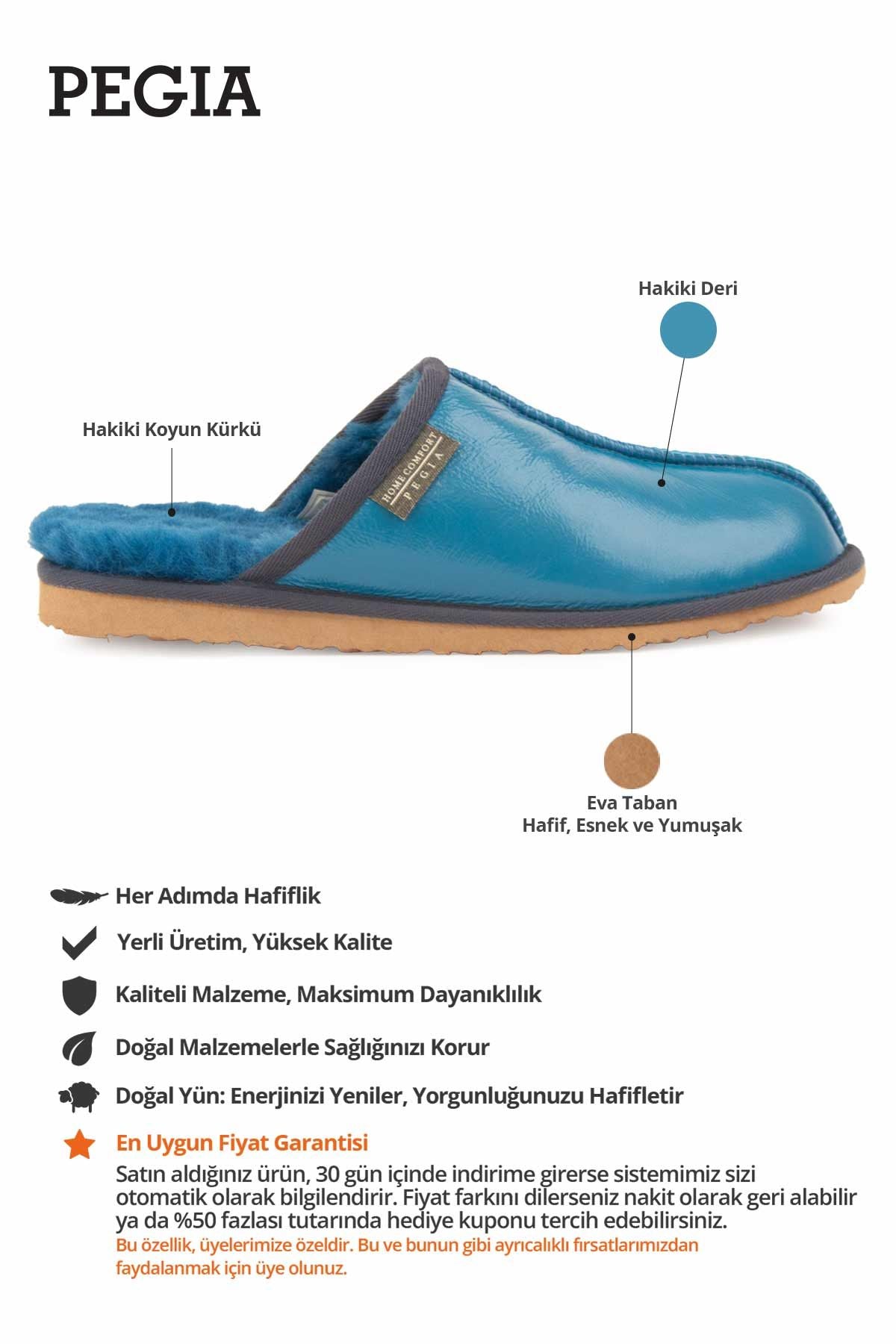Hakiki Kürklü Rugan Erkek Ev Terliği 111032 Turkuaz