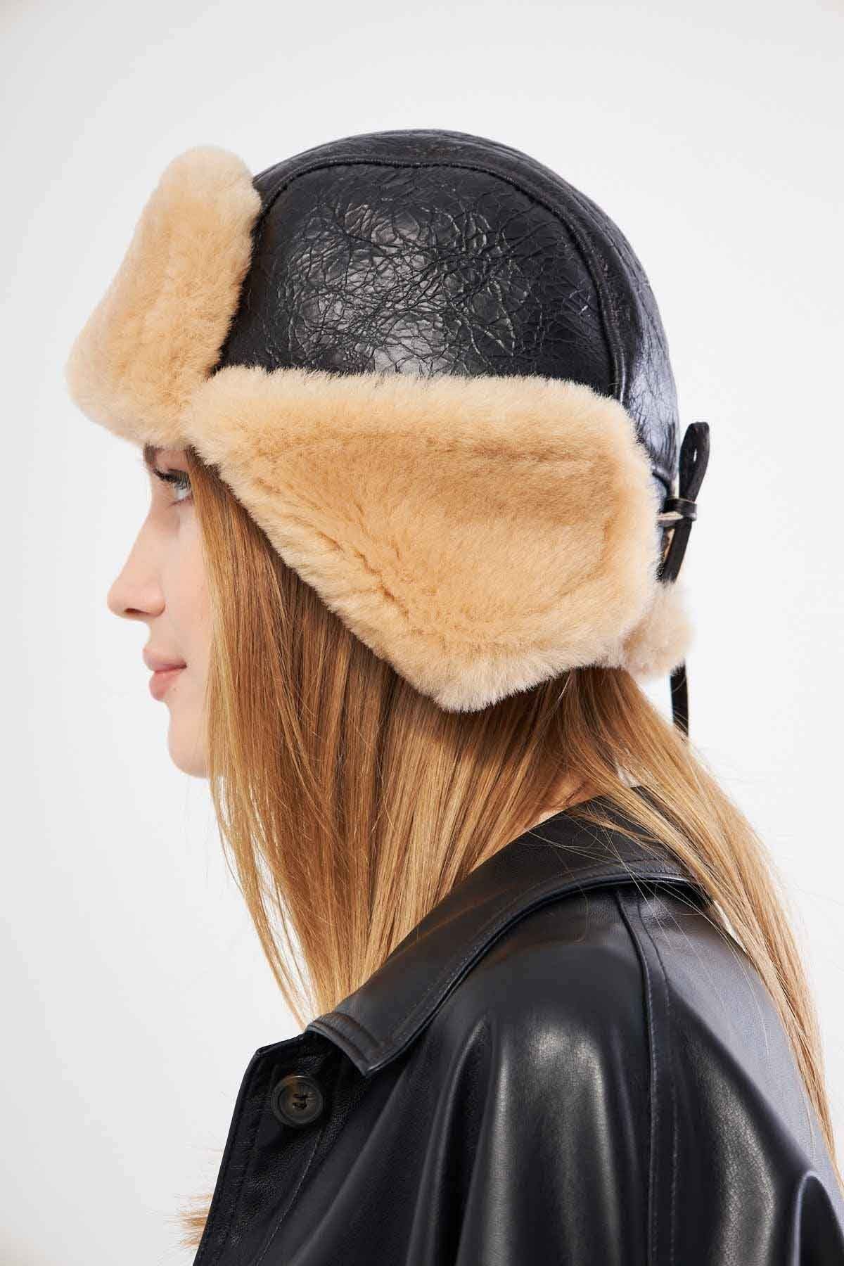 Hakiki Kürklü Unisex Şapka 23SP03 Krem