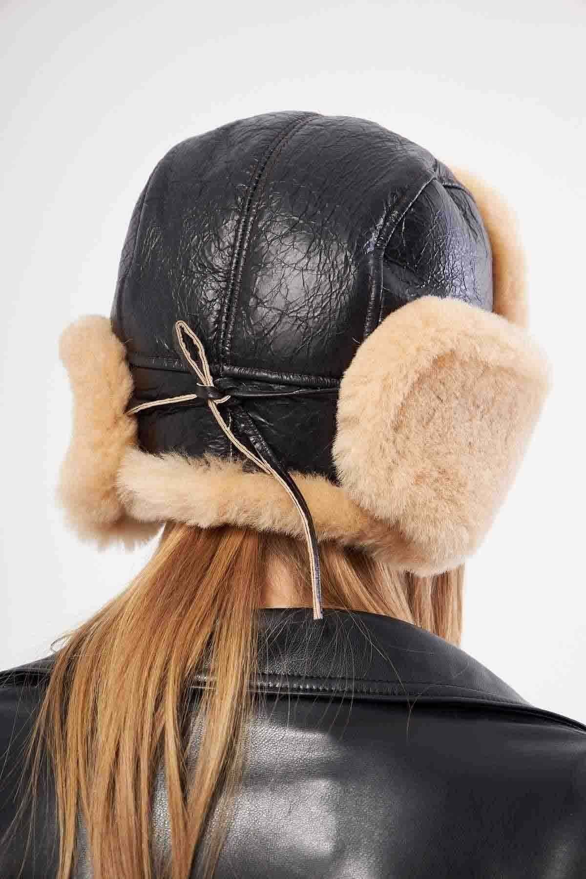 Hakiki Kürklü Unisex Şapka 23SP03 Krem