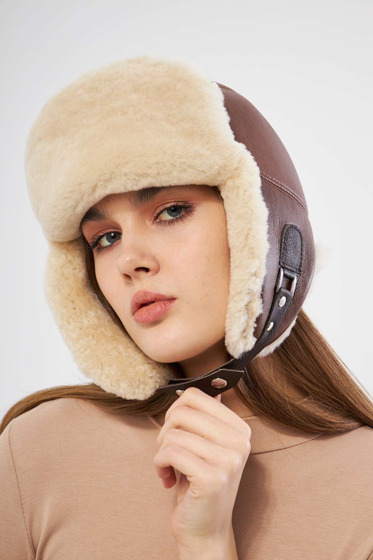 Hakiki Kürklü Unisex Şapka 23SP01 Taba