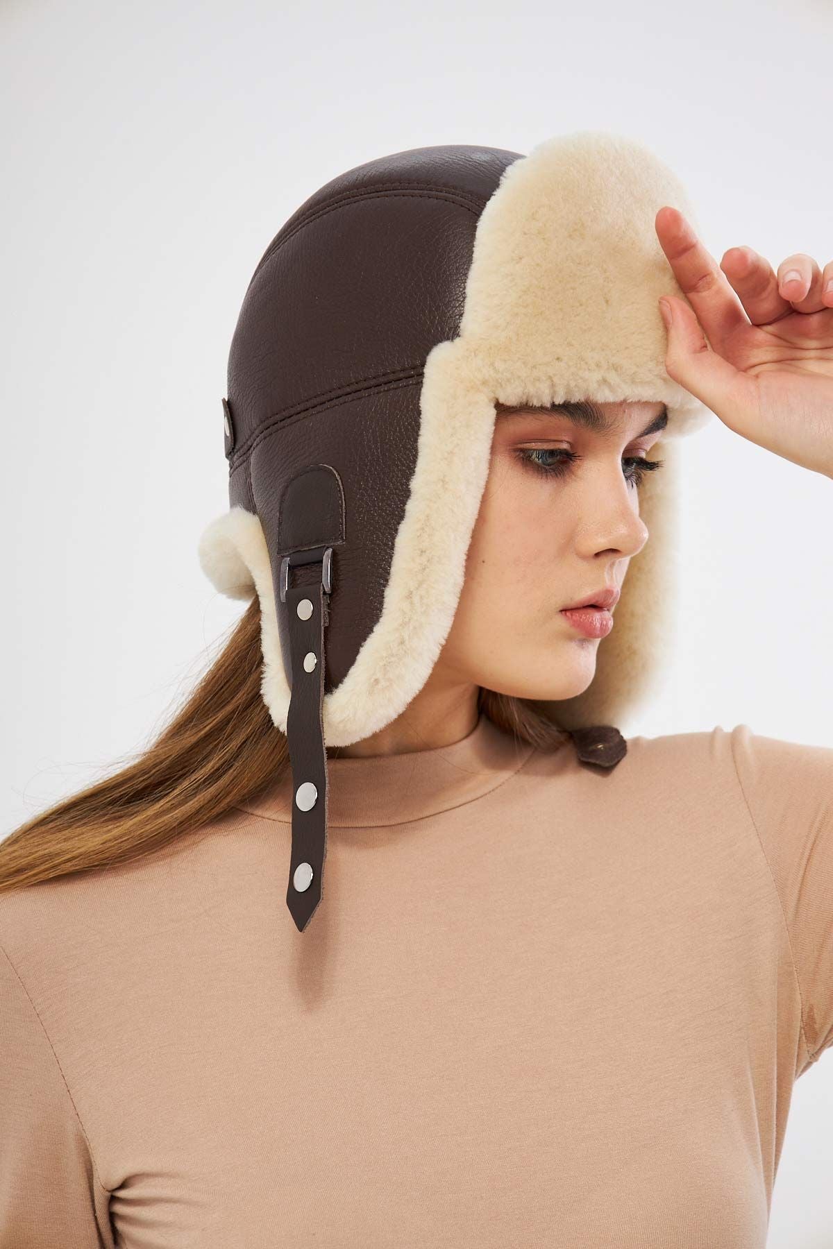 Hakiki Kürklü Unisex Şapka 23SP01 Kahve