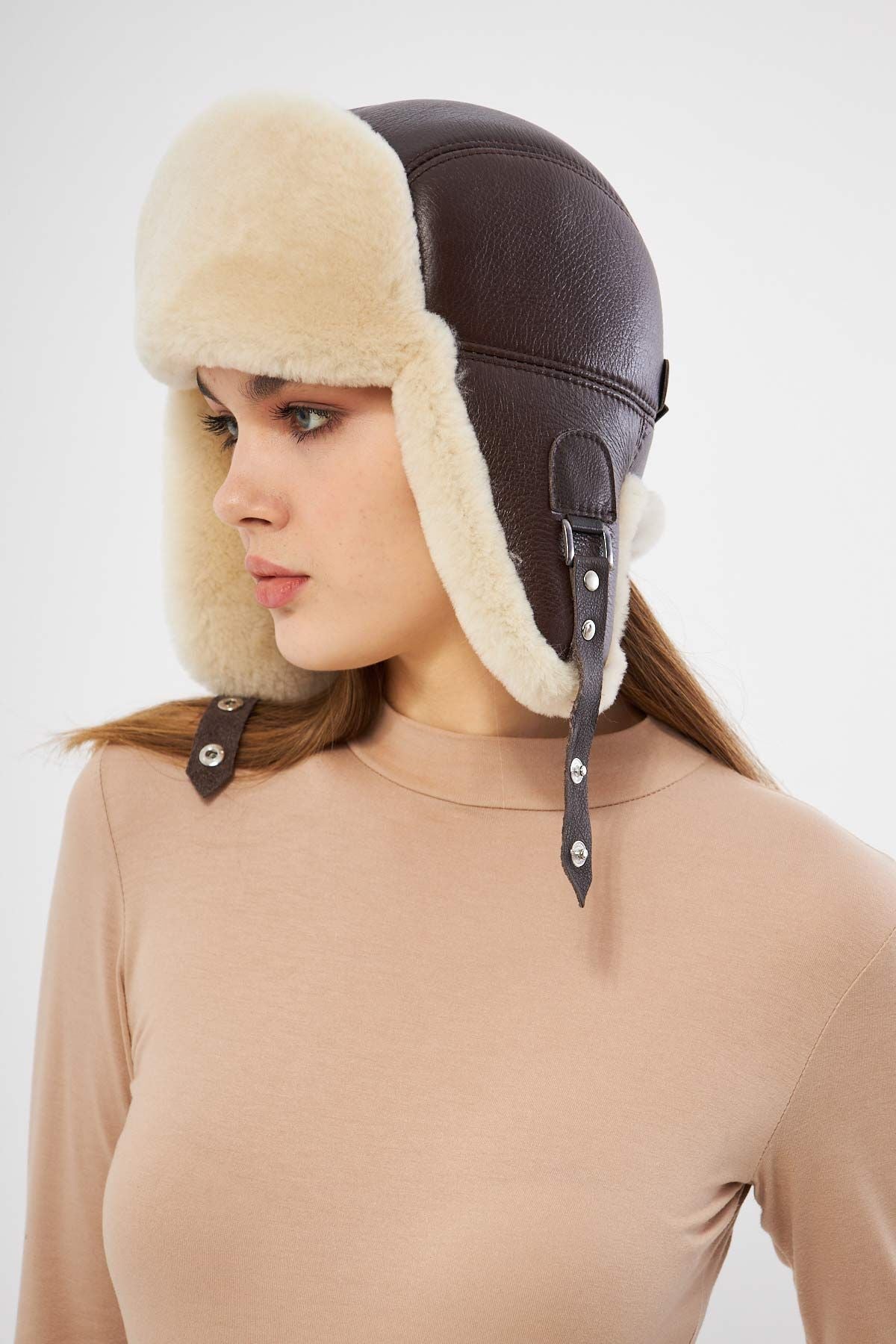 Hakiki Kürklü Unisex Şapka 23SP01 Kahve