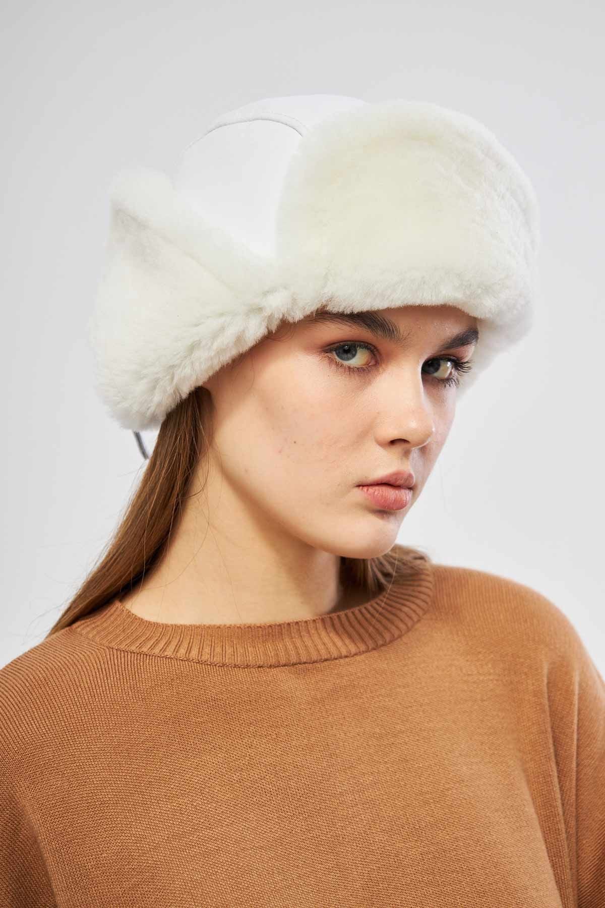Hakiki Kürklü Unisex Şapka 23SP03 Off White