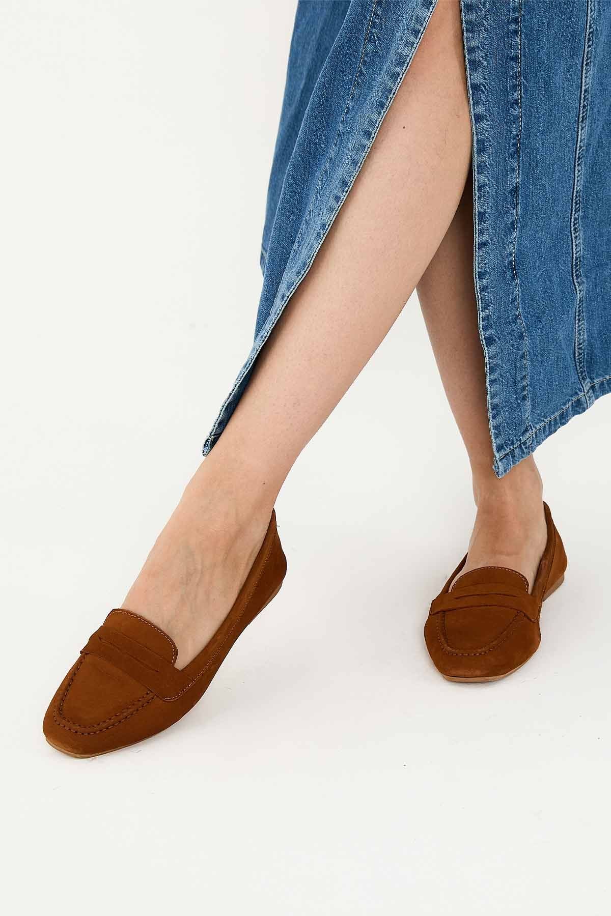 Hakiki Nubuk Kadın Loafer DG6044 Taba