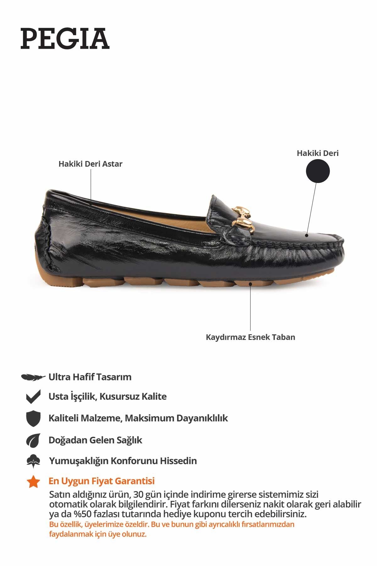 Hakiki Rugan Kadın Tokalı Loafer 700909 Siyah