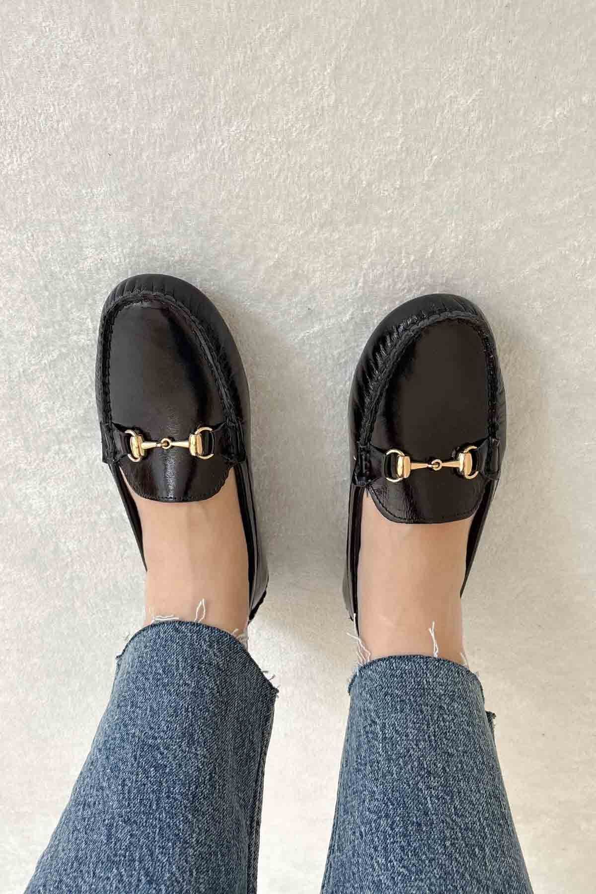 Hakiki Rugan Kadın Tokalı Loafer 700909 Siyah