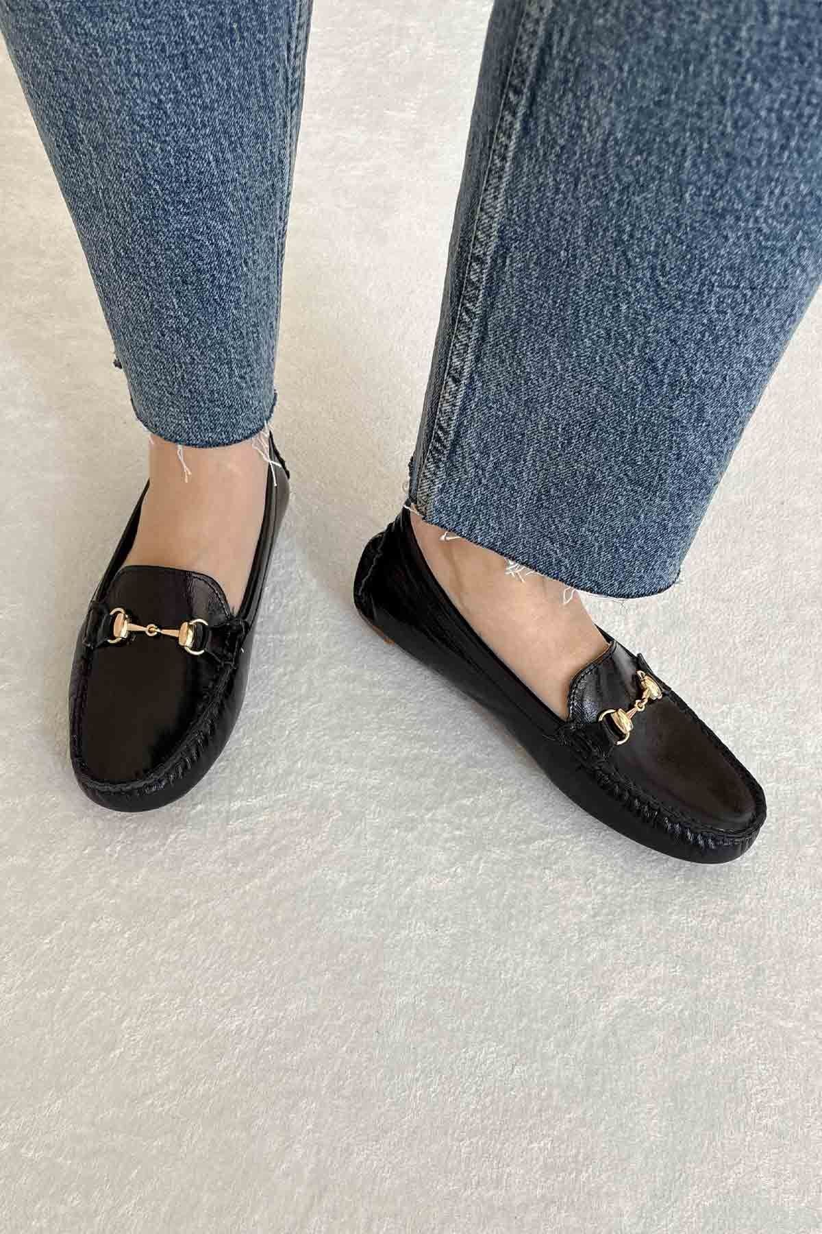 Hakiki Rugan Kadın Tokalı Loafer 700909 Siyah